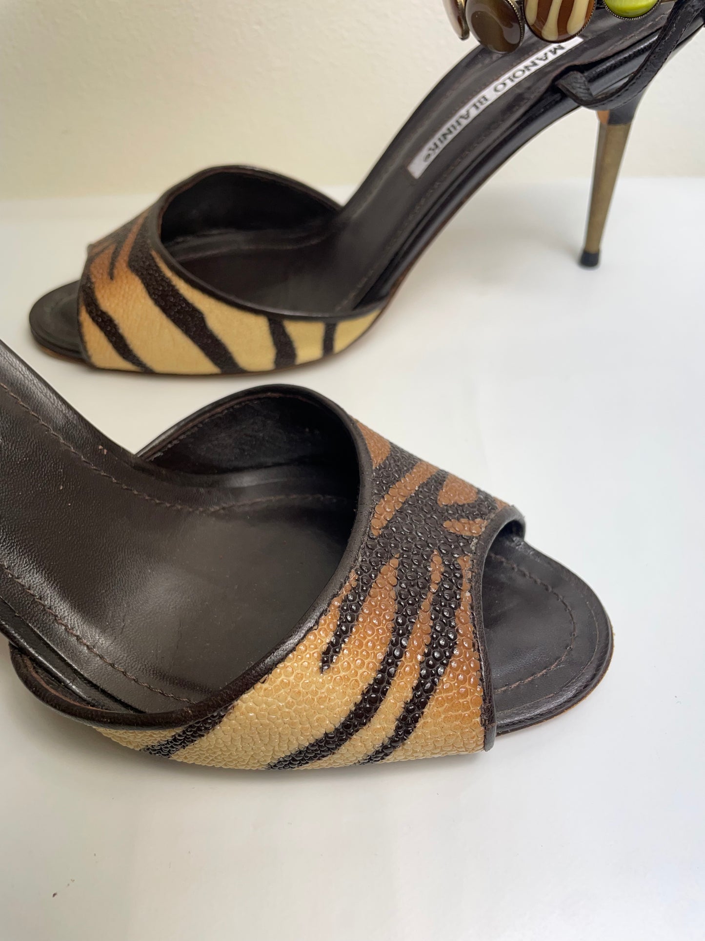 Manolo Blahnik Vintage Tiger Print Peep Toe Heels