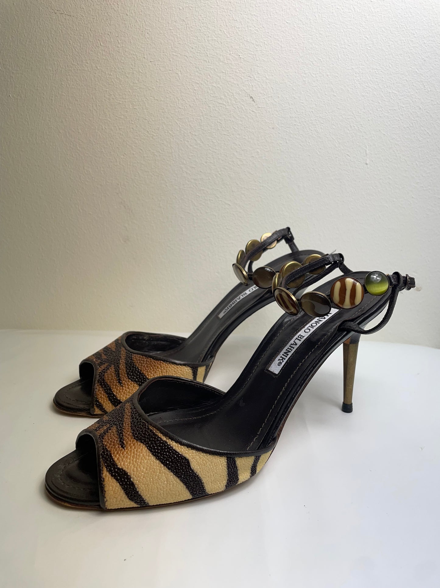 Manolo Blahnik Vintage Tiger Print Peep Toe Heels