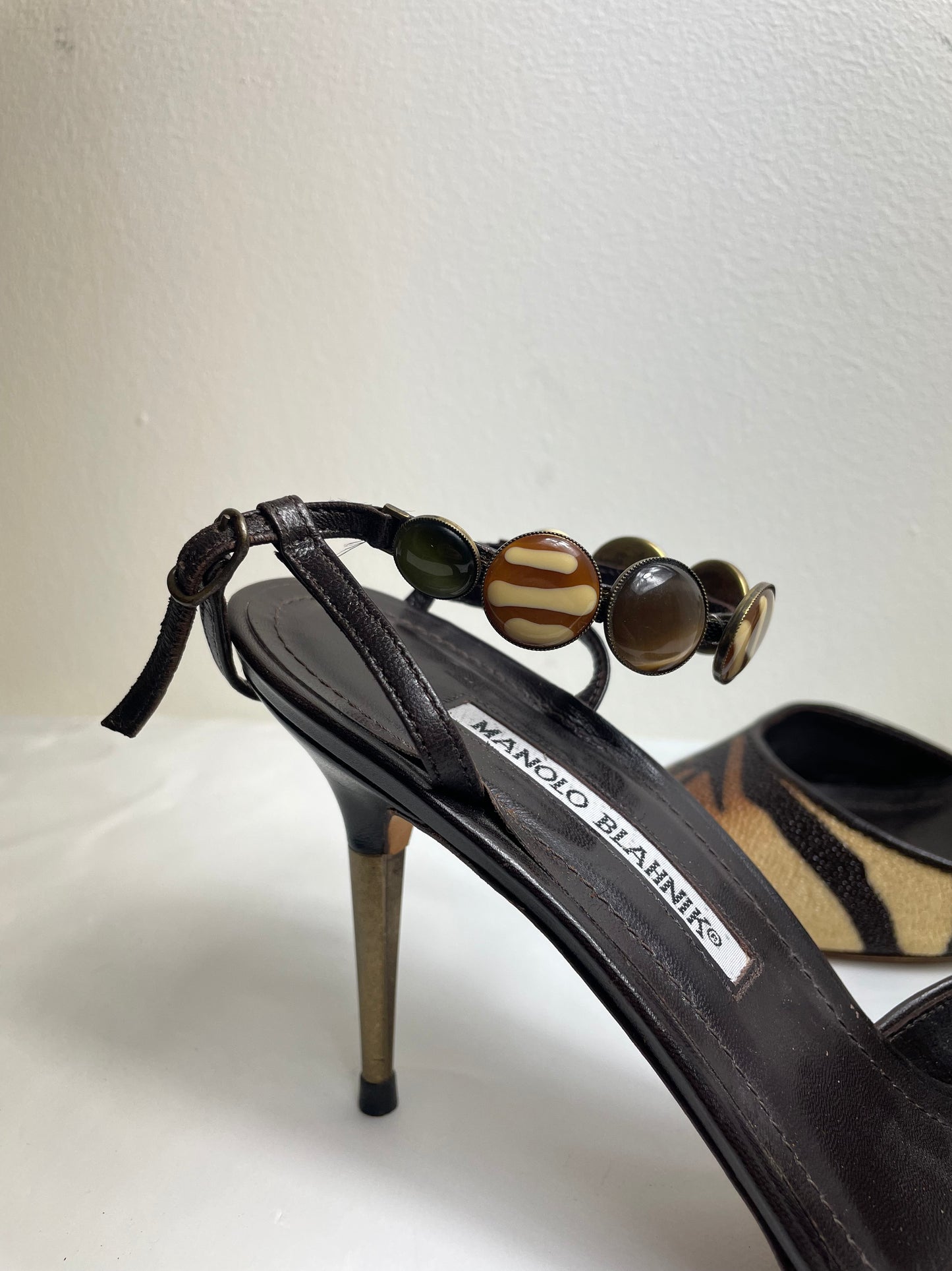 Manolo Blahnik Vintage Tiger Print Peep Toe Heels