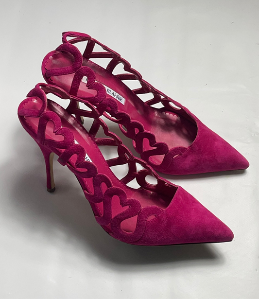 Manolo Blahnik Wanga Pink Suede Heart Heel Pumps