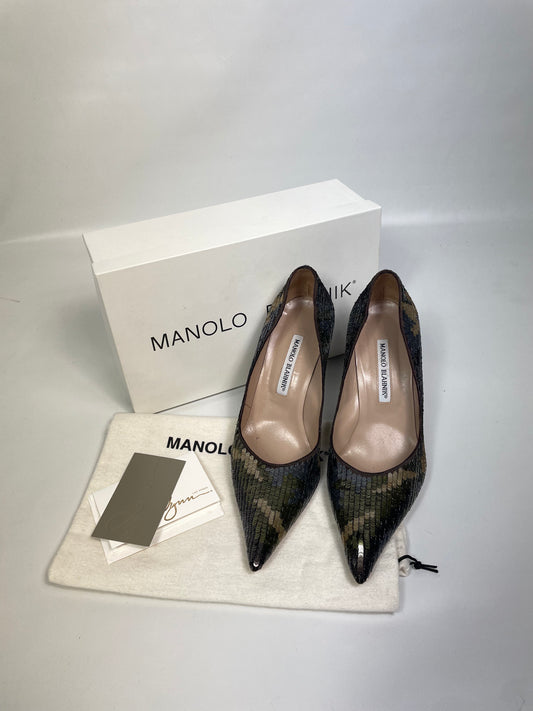 Manolo Blahniks Green Sequin Camo Pointed Toe Pumps 