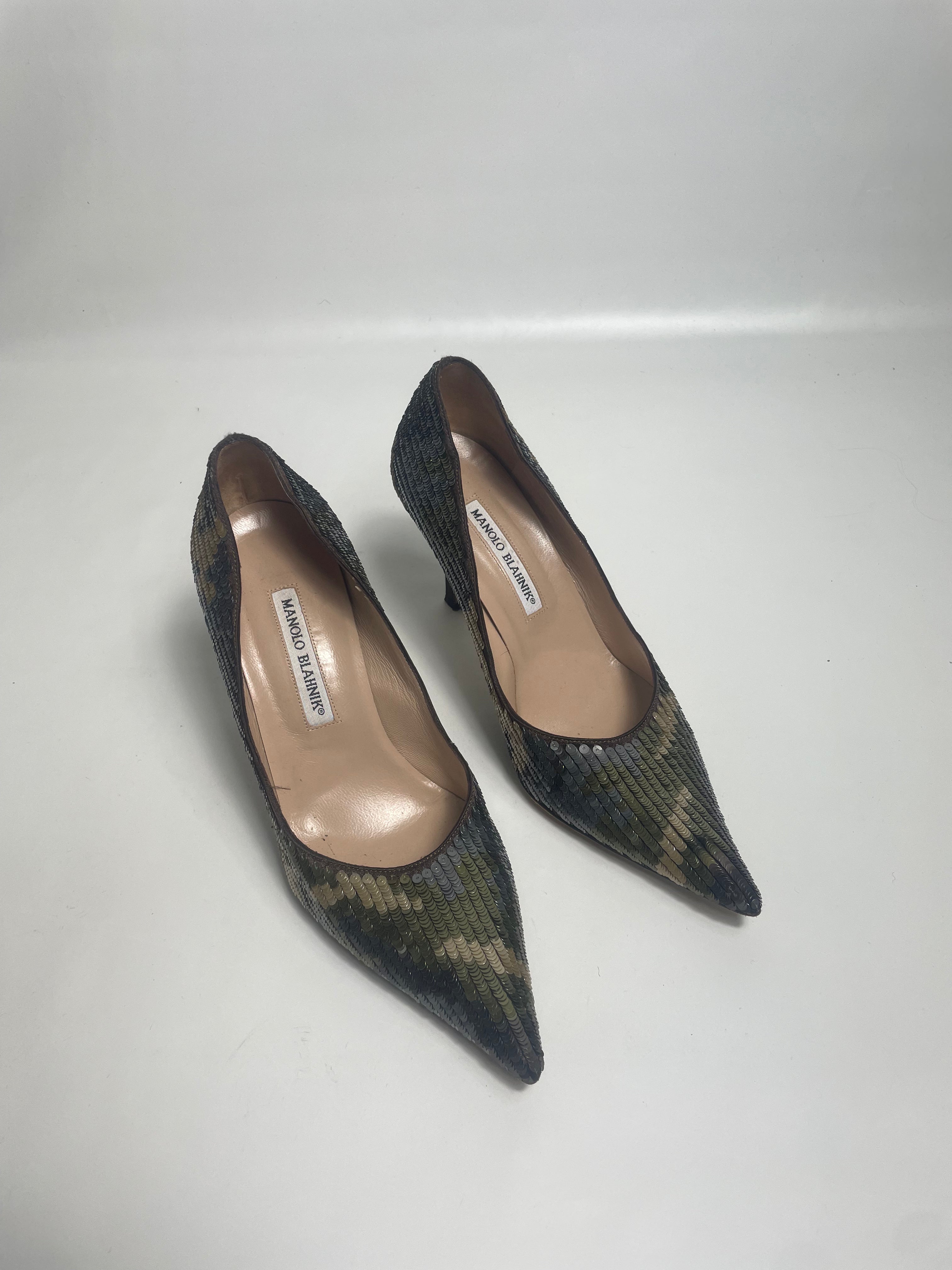 Manolo Blahniks Green Sequin Camo Pointed Toe Pumps 
