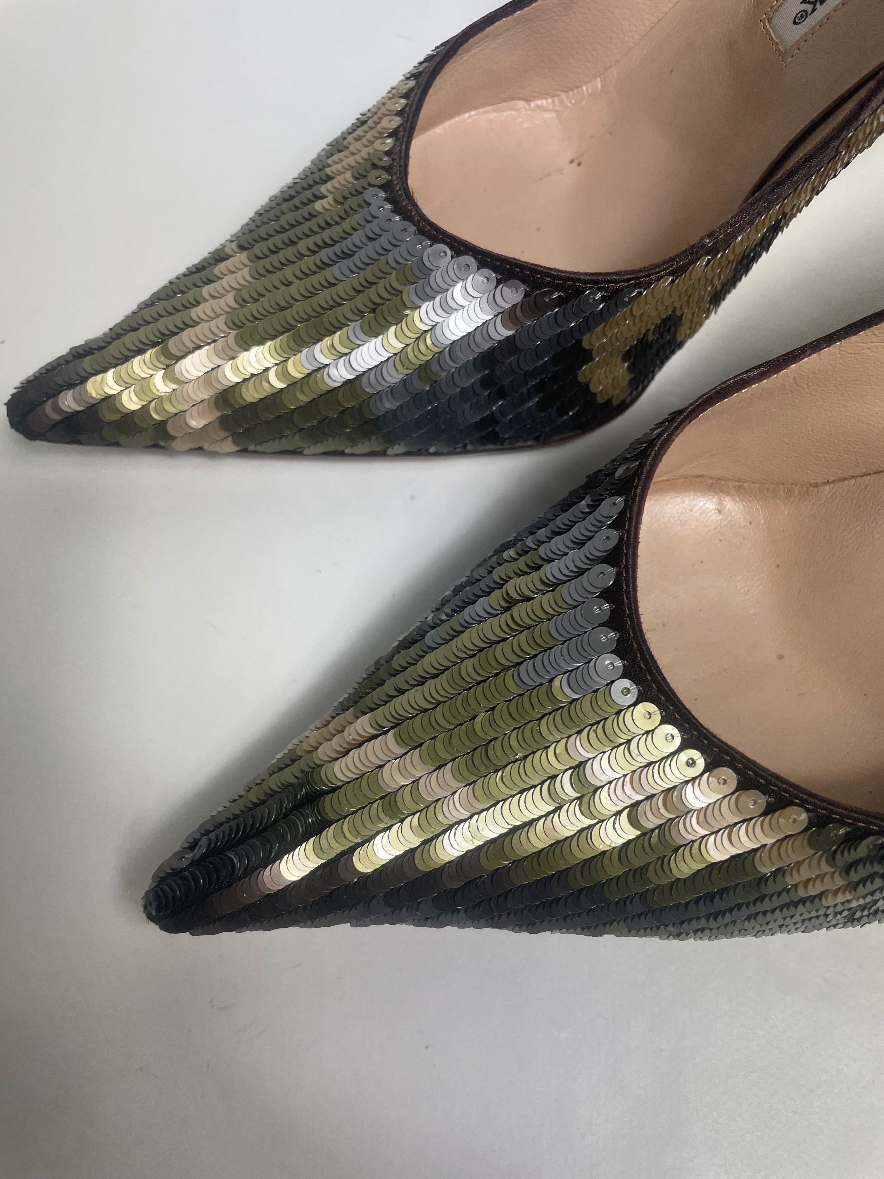 Manolo Blahniks Green Sequin Camo Pointed Toe Pumps 