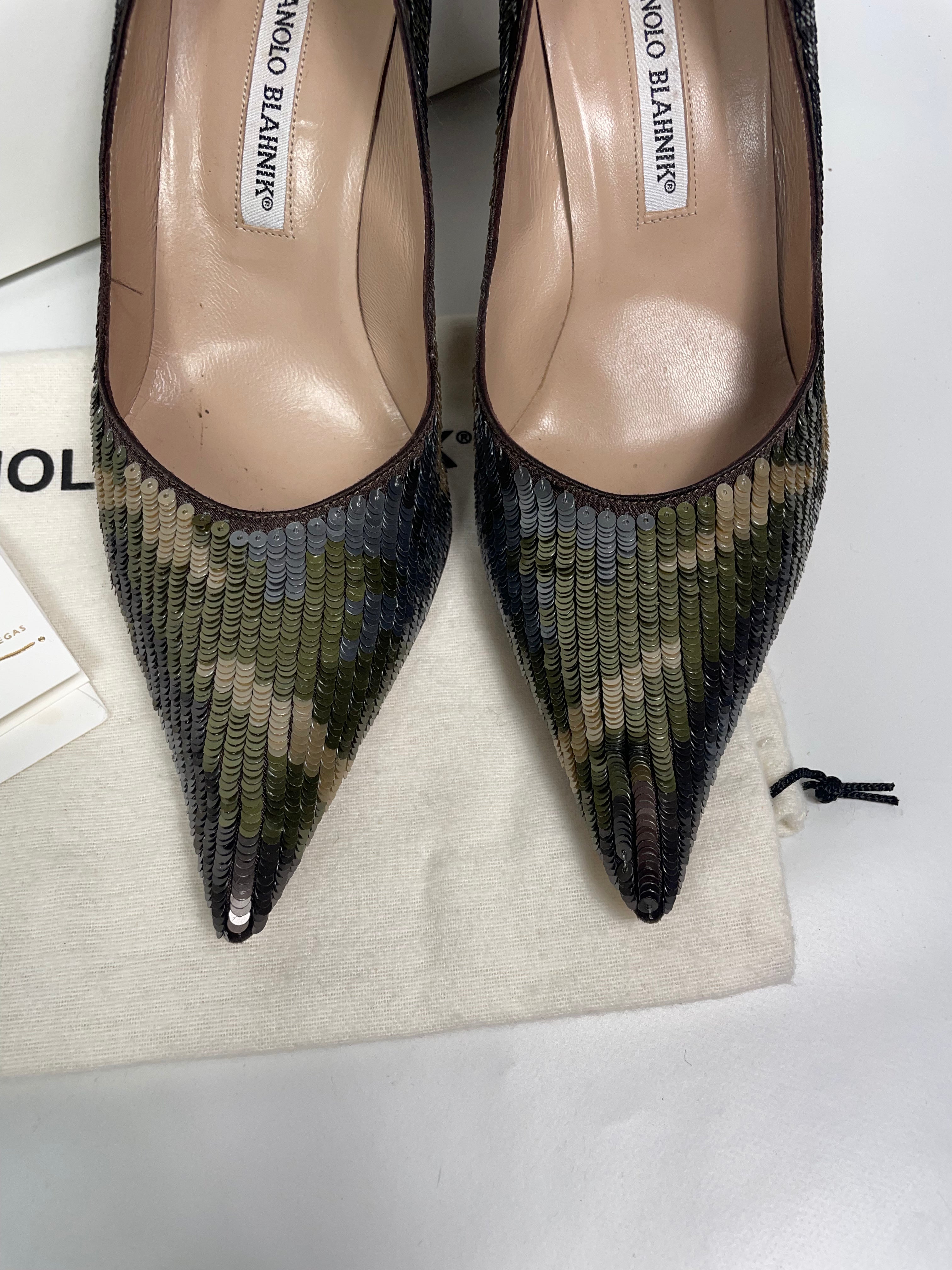Manolo Blahniks Green Sequin Camo Pointed Toe Pumps 