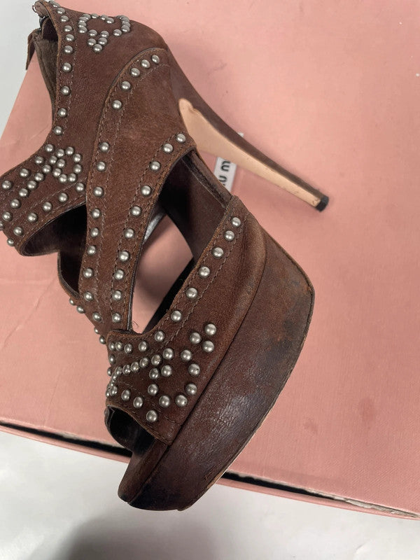 Miu Miu Brown Studded Leather Platform Pumps