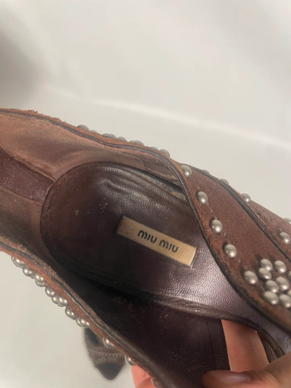 Miu Miu Brown Studded Leather Platform Pumps