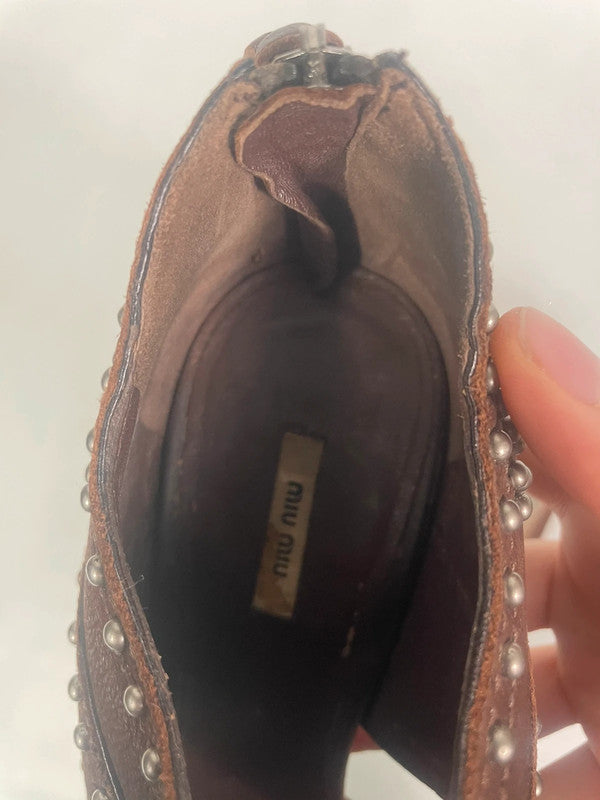 Miu Miu Brown Studded Leather Platform Pumps