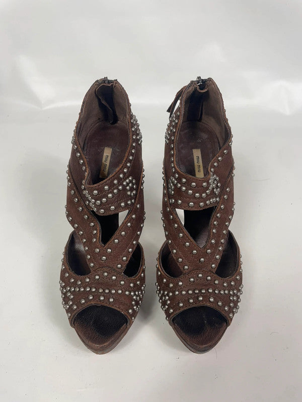 Miu Miu Brown Studded Leather Platform Pumps