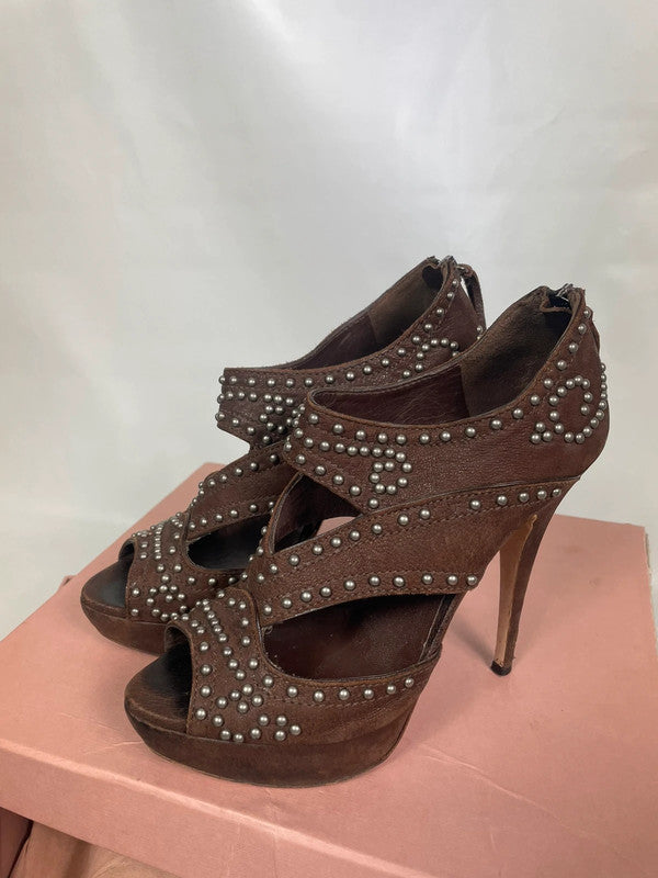 Miu Miu Brown Studded Leather Platform Pumps