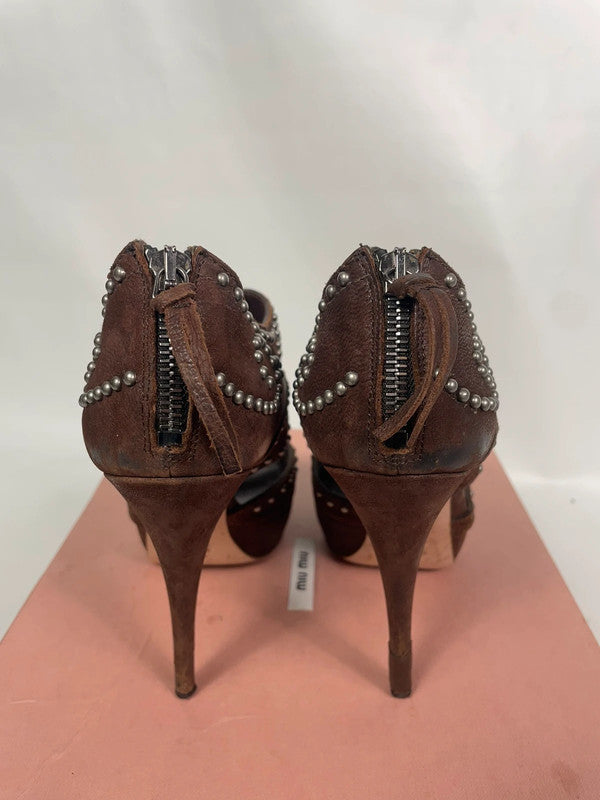 Miu Miu Brown Studded Leather Platform Pumps