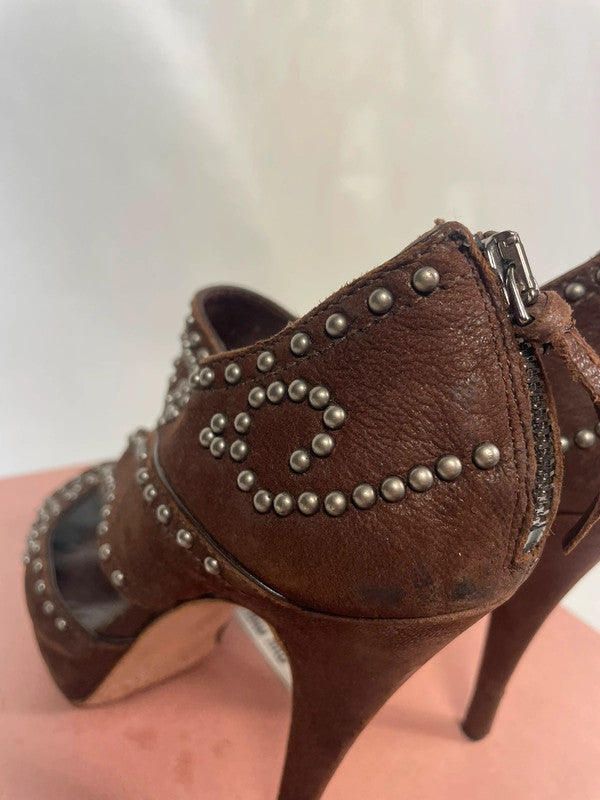 Miu Miu Brown Studded Leather Platform Pumps