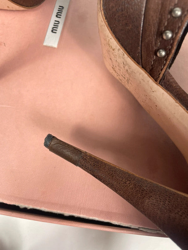 Miu Miu Brown Studded Leather Platform Pumps