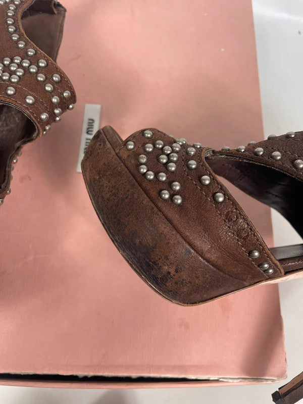 Miu Miu Brown Studded Leather Platform Pumps
