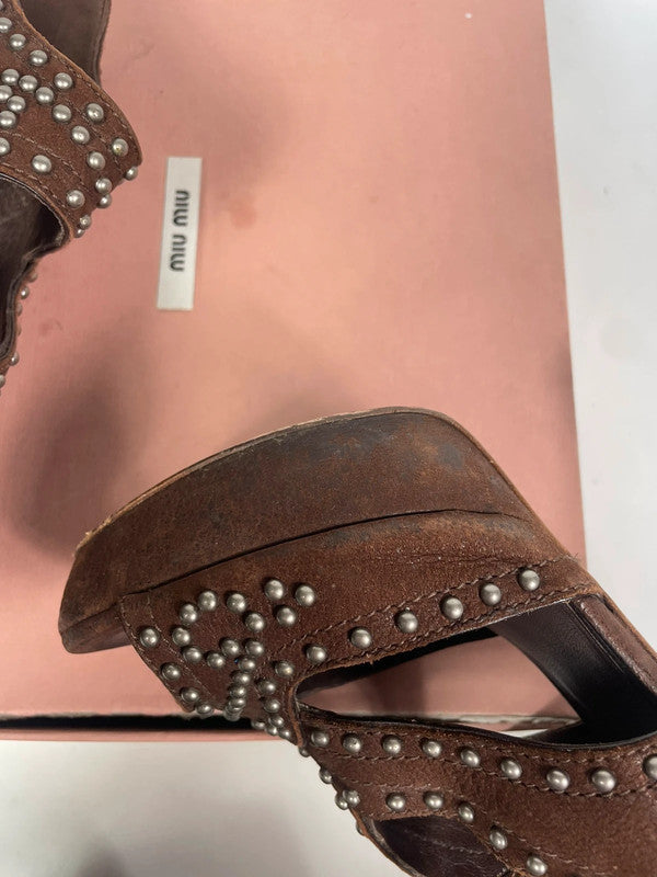 Miu Miu Brown Studded Leather Platform Pumps