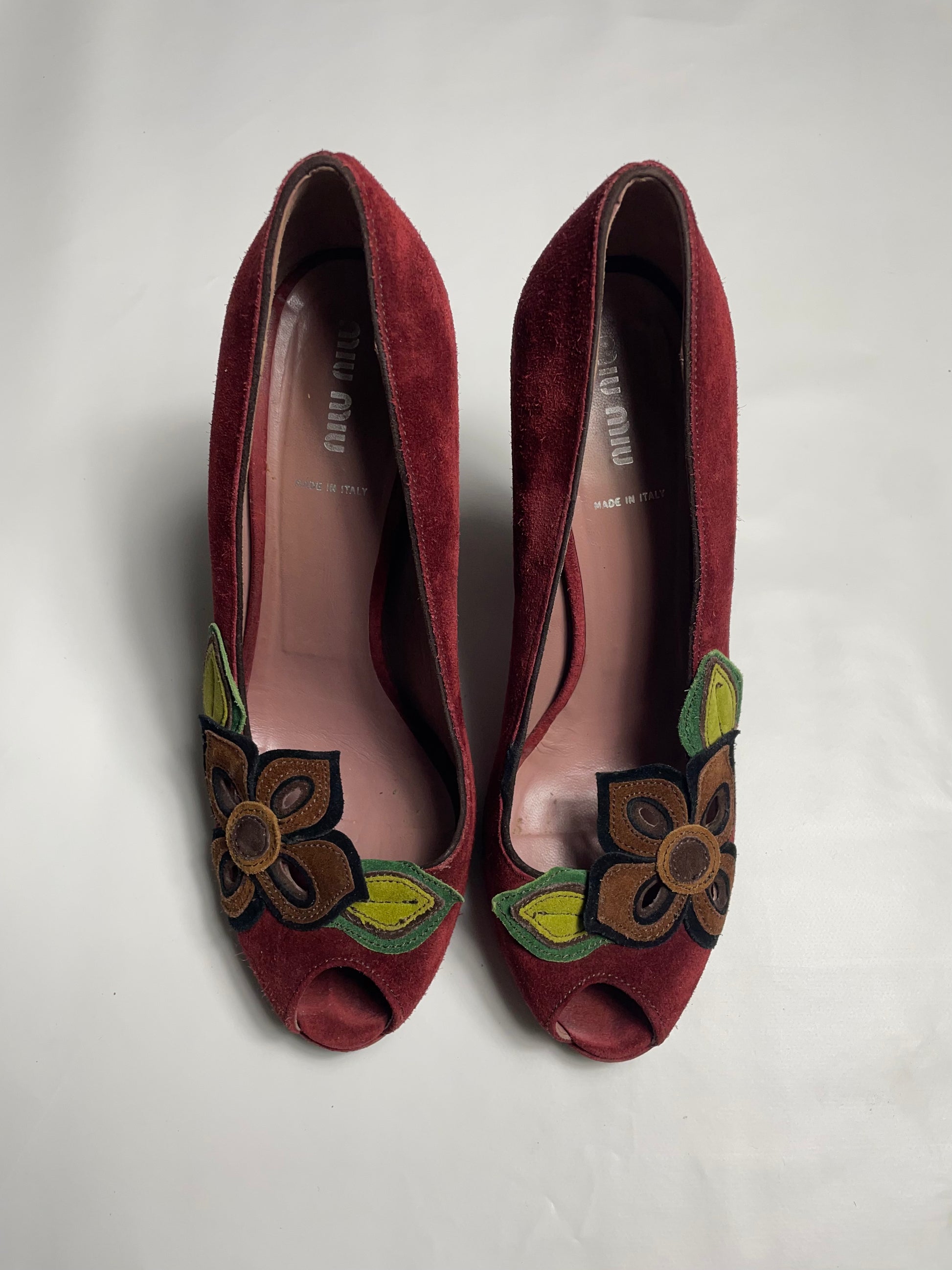 Miu Miu Burgundy Suede Peep Toe Pumps