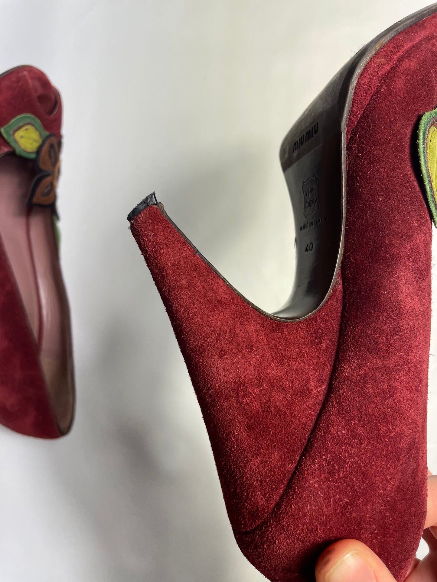Miu Miu Burgundy Suede Peep Toe Pumps