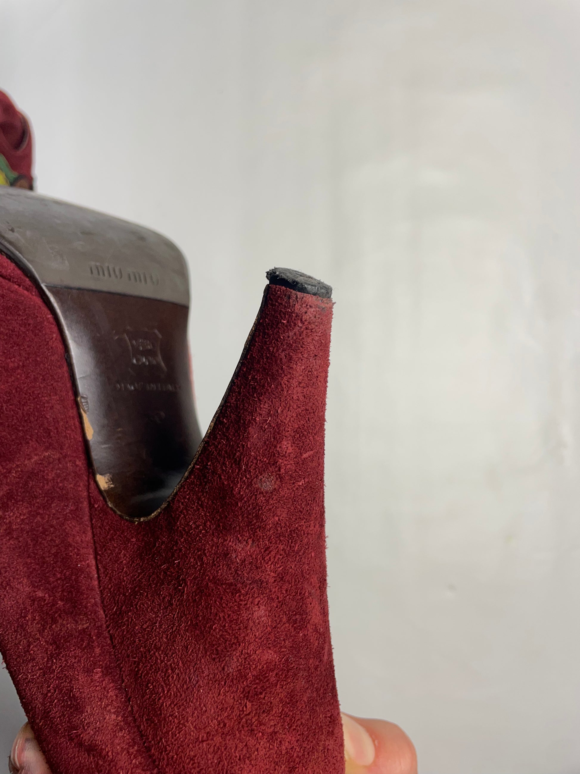 Miu Miu Burgundy Suede Peep Toe Pumps
