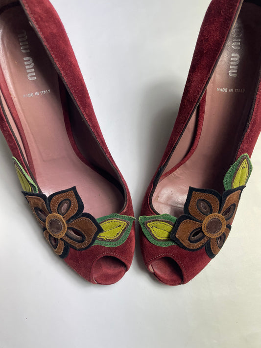 Miu Miu Burgundy Suede Peep Toe Pumps