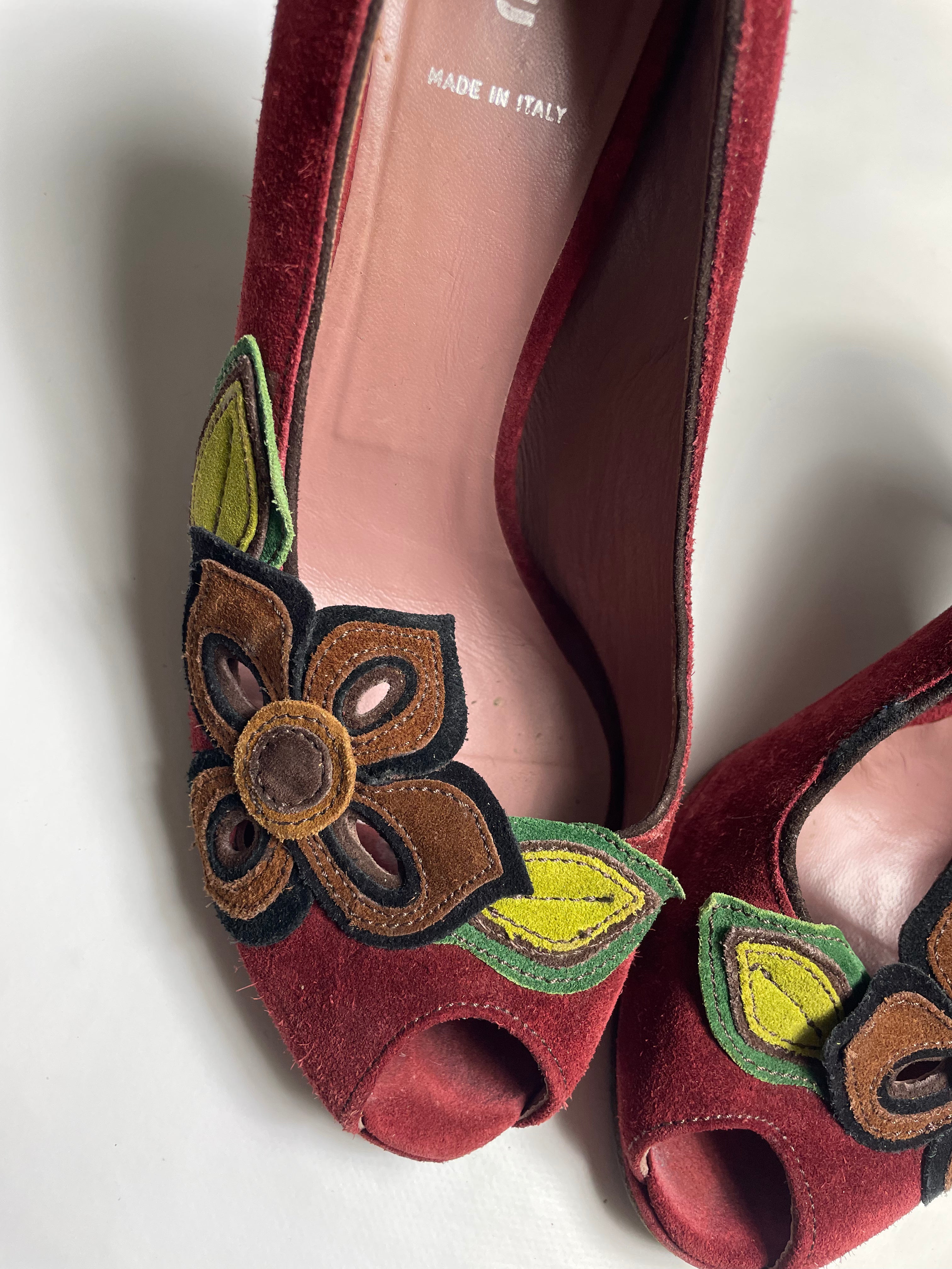 Miu Miu Burgundy Suede Peep Toe Pumps