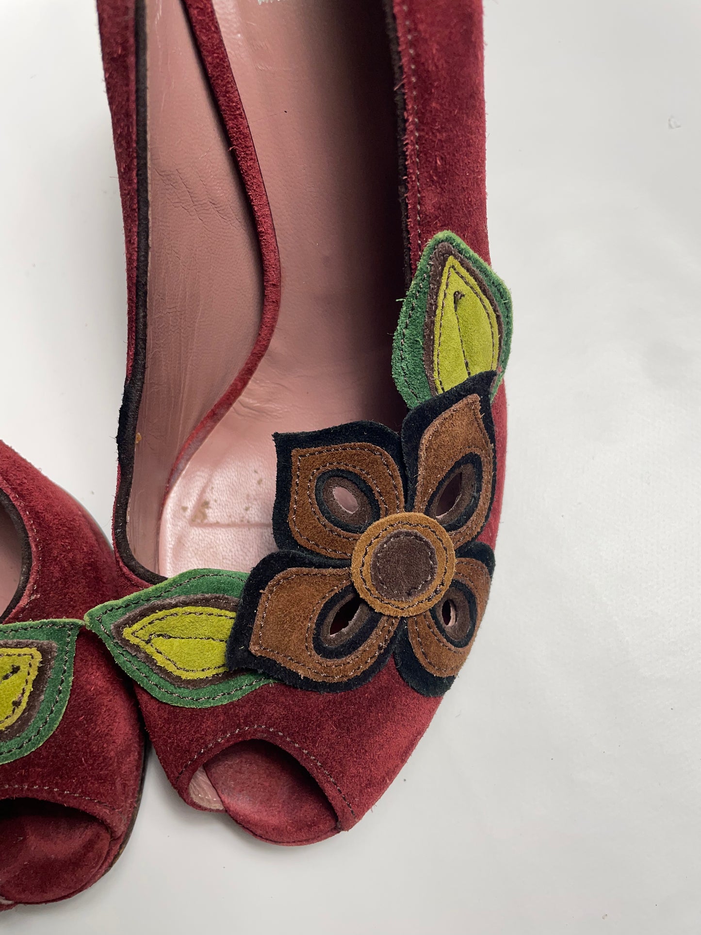 Miu Miu Burgundy Suede Peep Toe Pumps