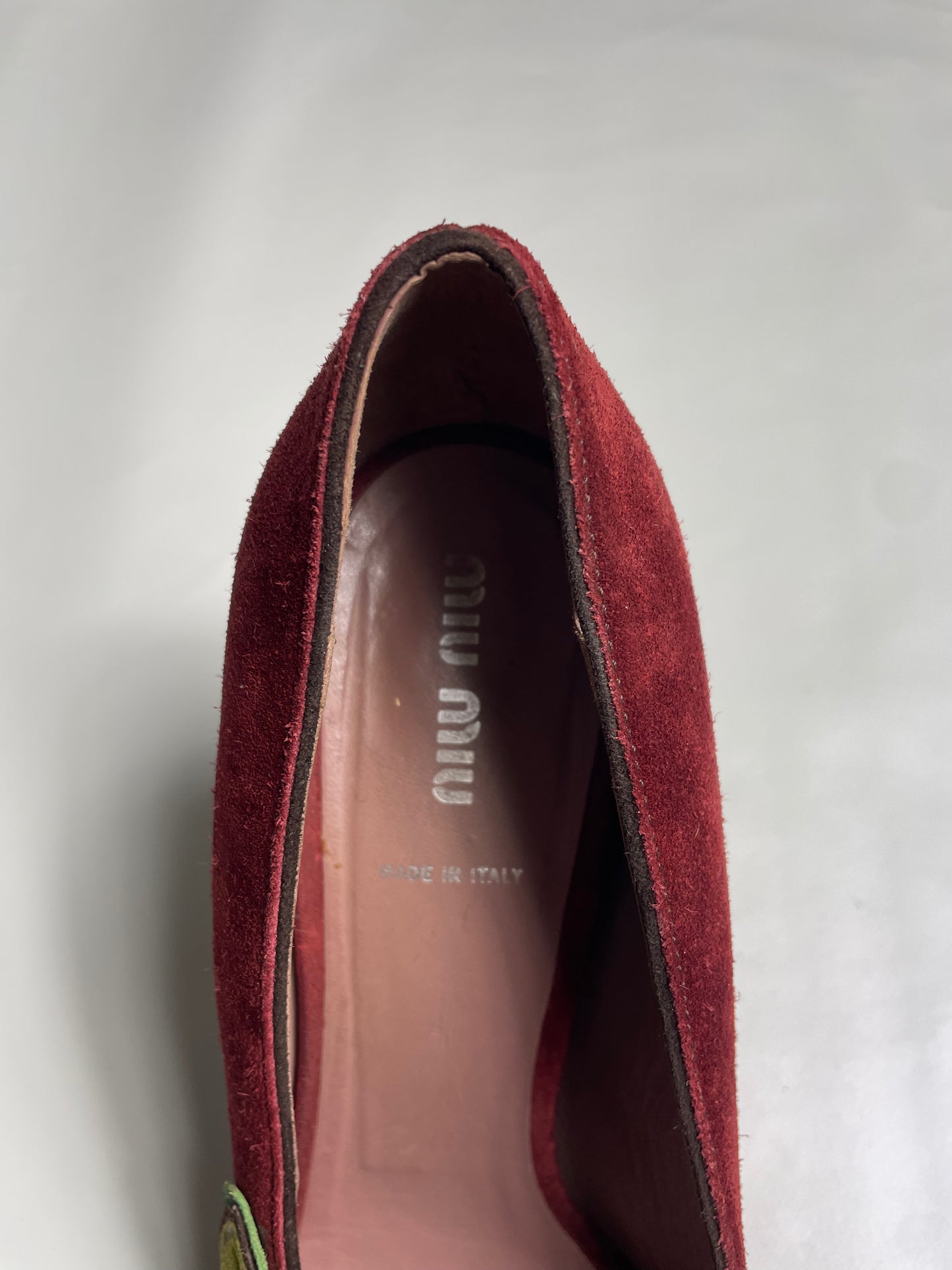 Miu Miu Burgundy Suede Peep Toe Pumps