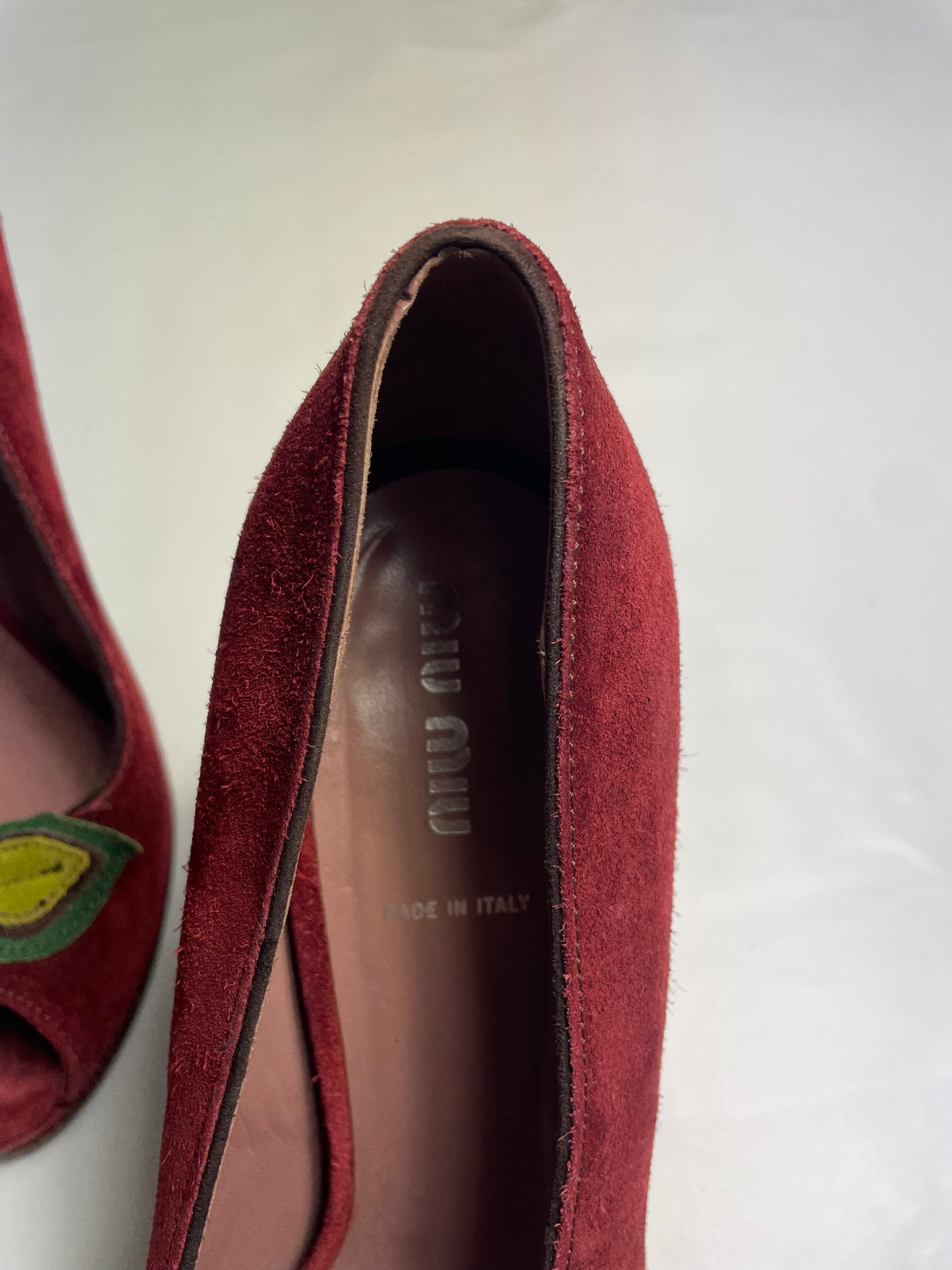 Miu Miu Burgundy Suede Peep Toe Pumps