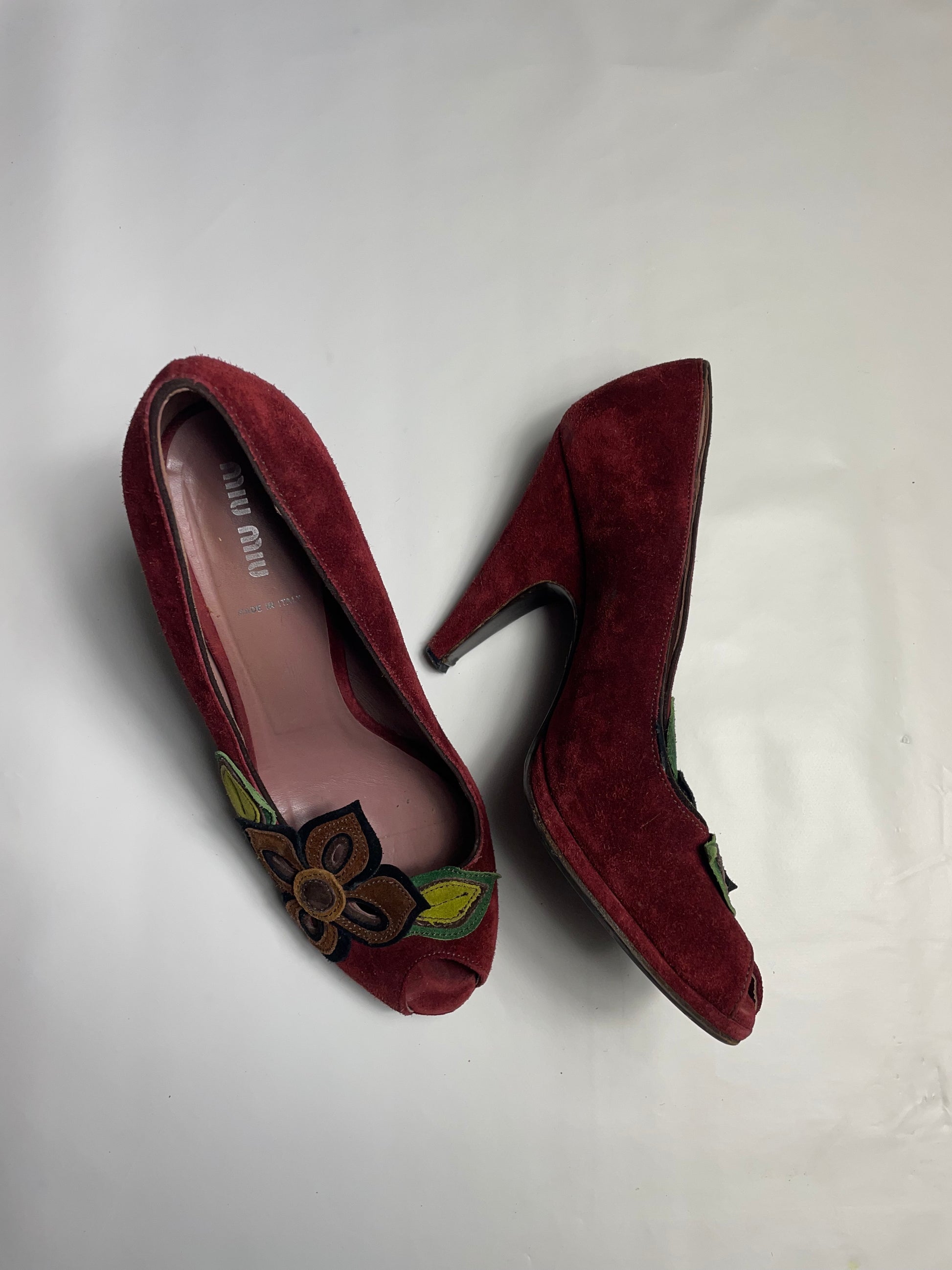 Miu Miu Burgundy Suede Peep Toe Pumps