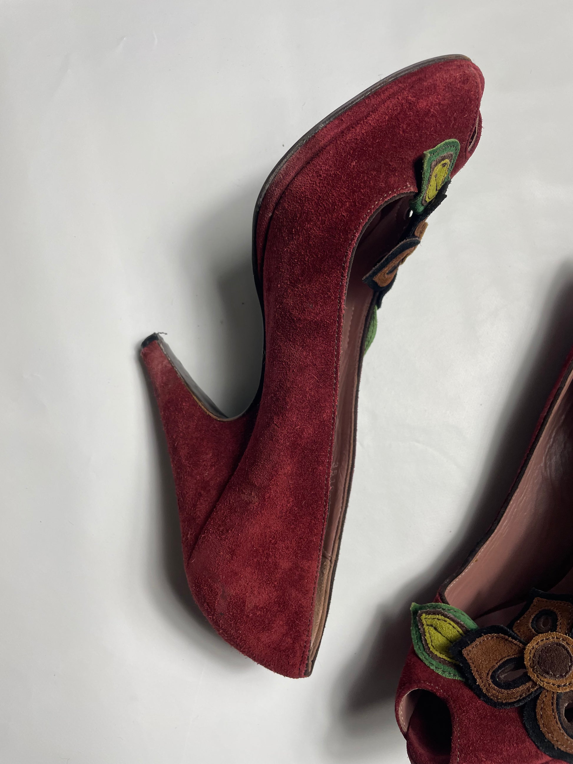 Miu Miu Burgundy Suede Peep Toe Pumps