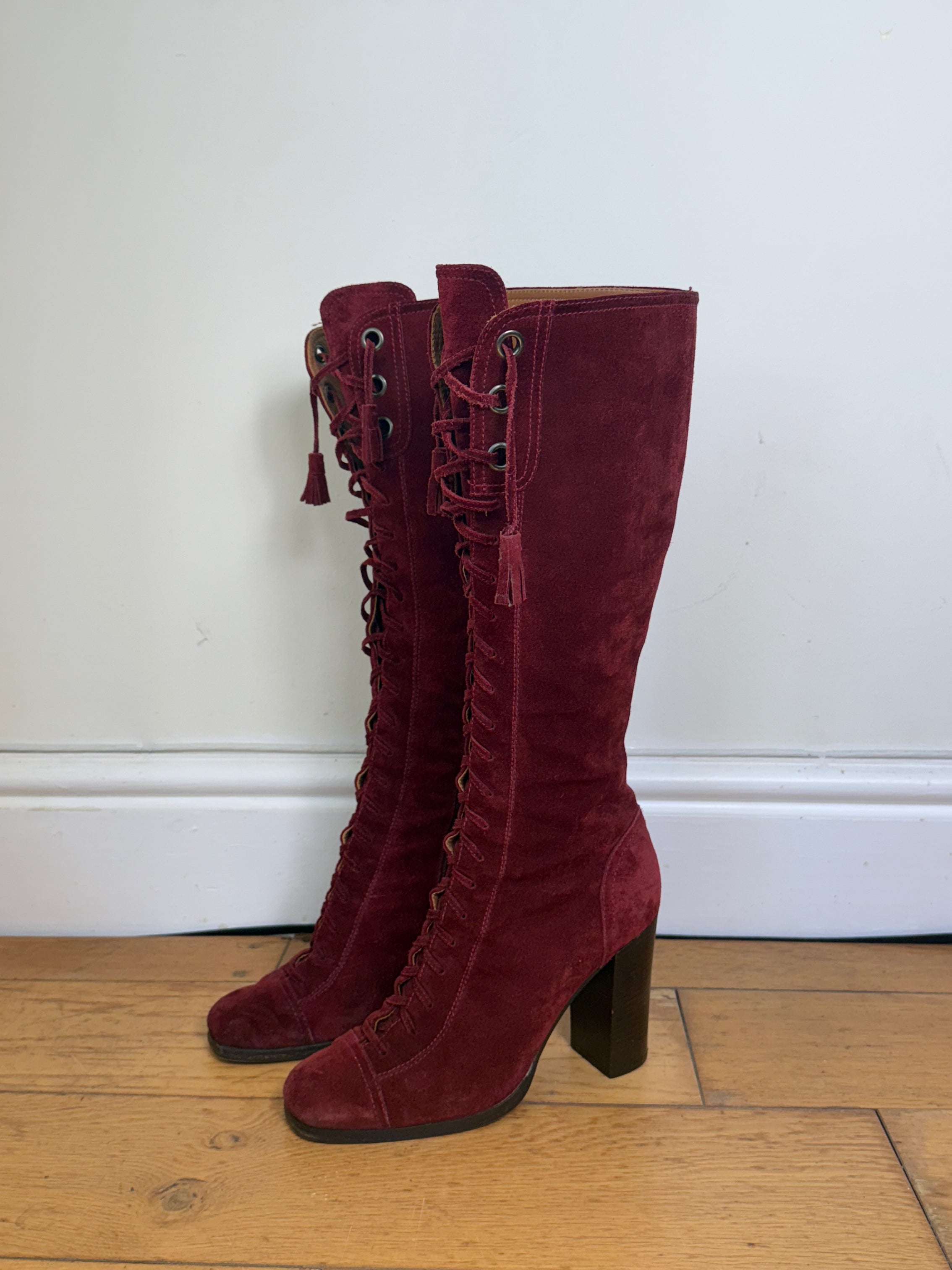 Miu Miu Rare 2001 Burgundy Suede Lace Up Heeled Boots