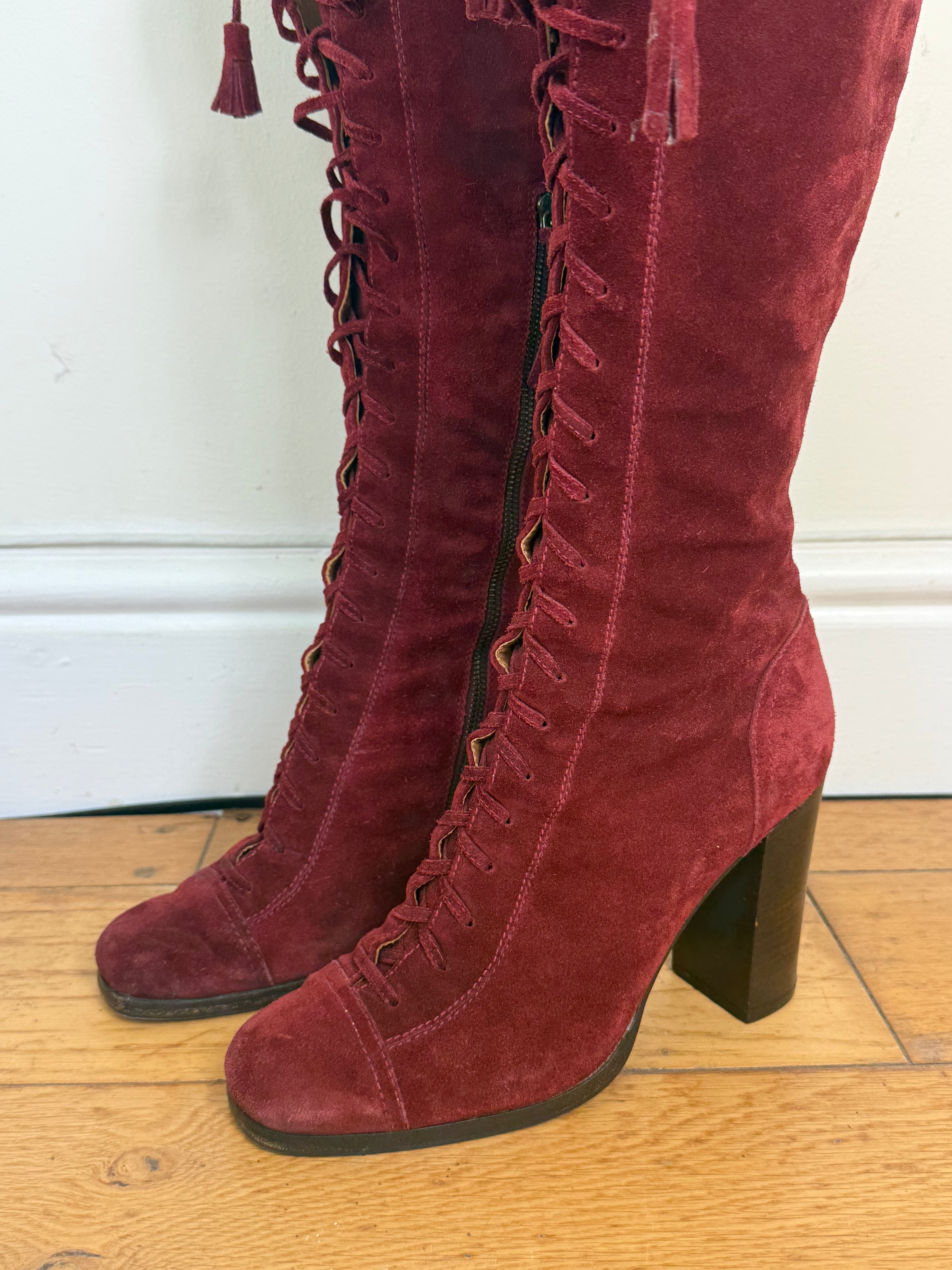 Miu Miu Rare 2001 Burgundy Suede Lace Up Heeled Boots