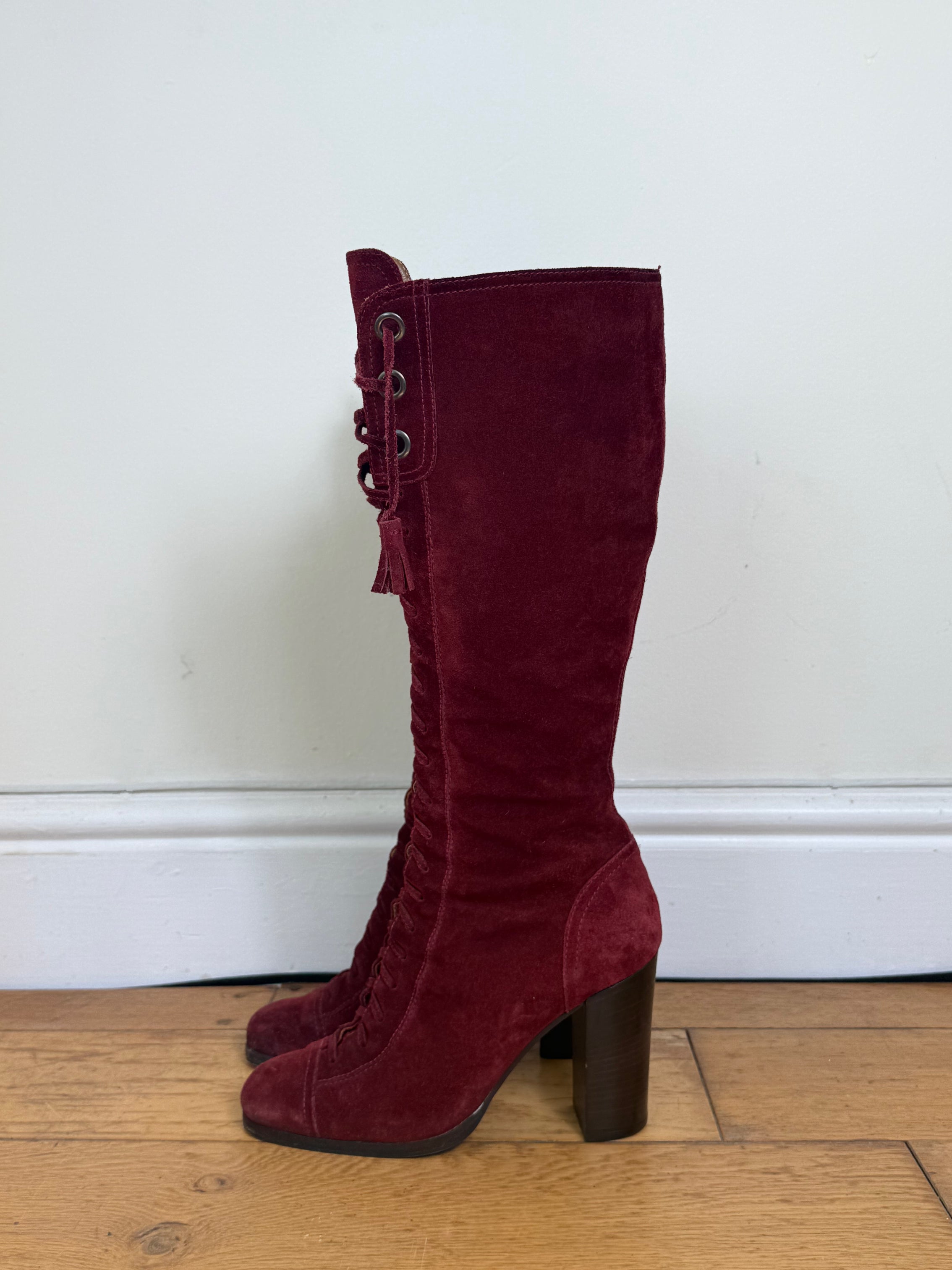 Miu Miu Rare 2001 Burgundy Suede Lace Up Heeled Boots