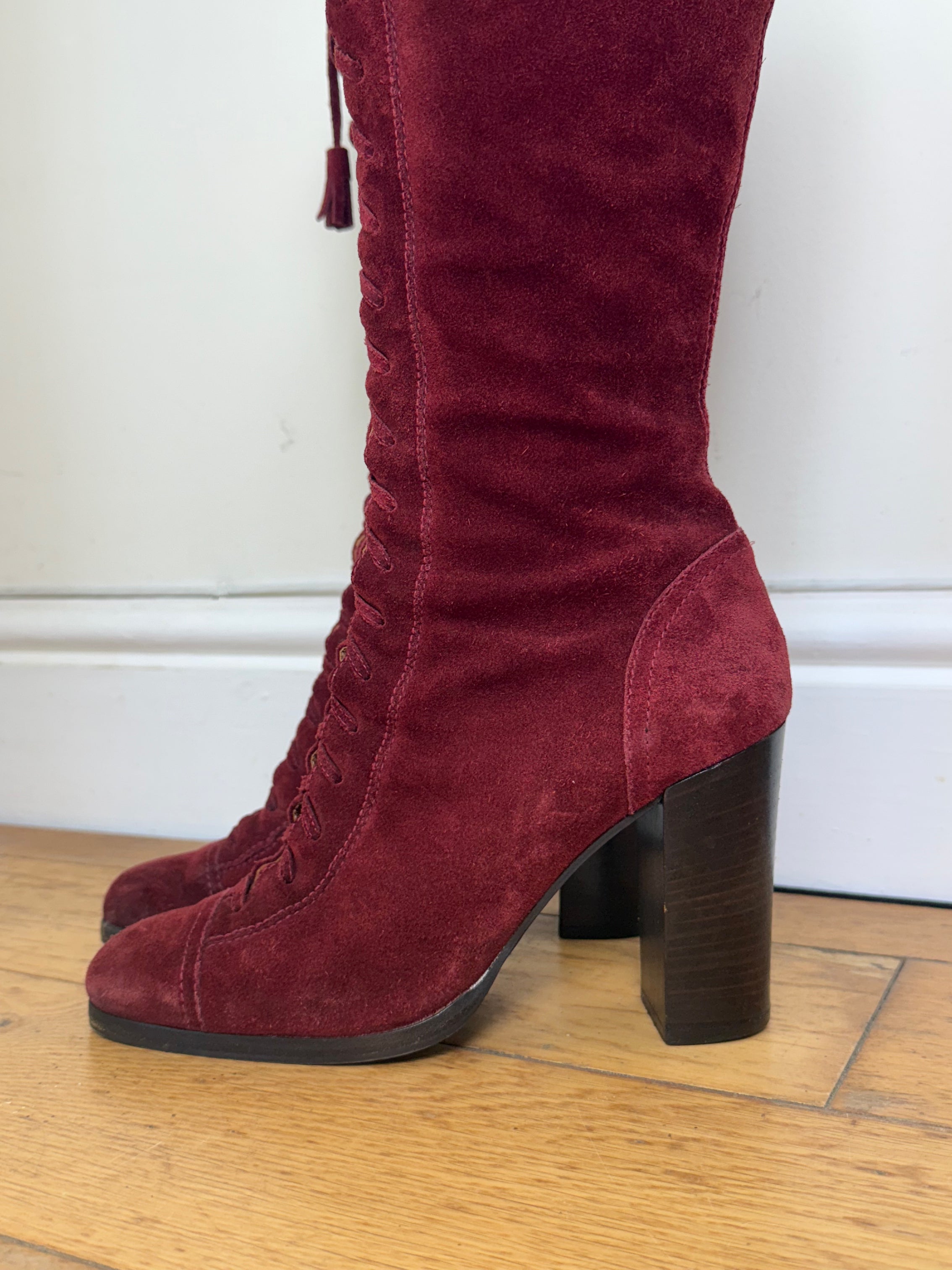 Miu Miu Rare 2001 Burgundy Suede Lace Up Heeled Boots
