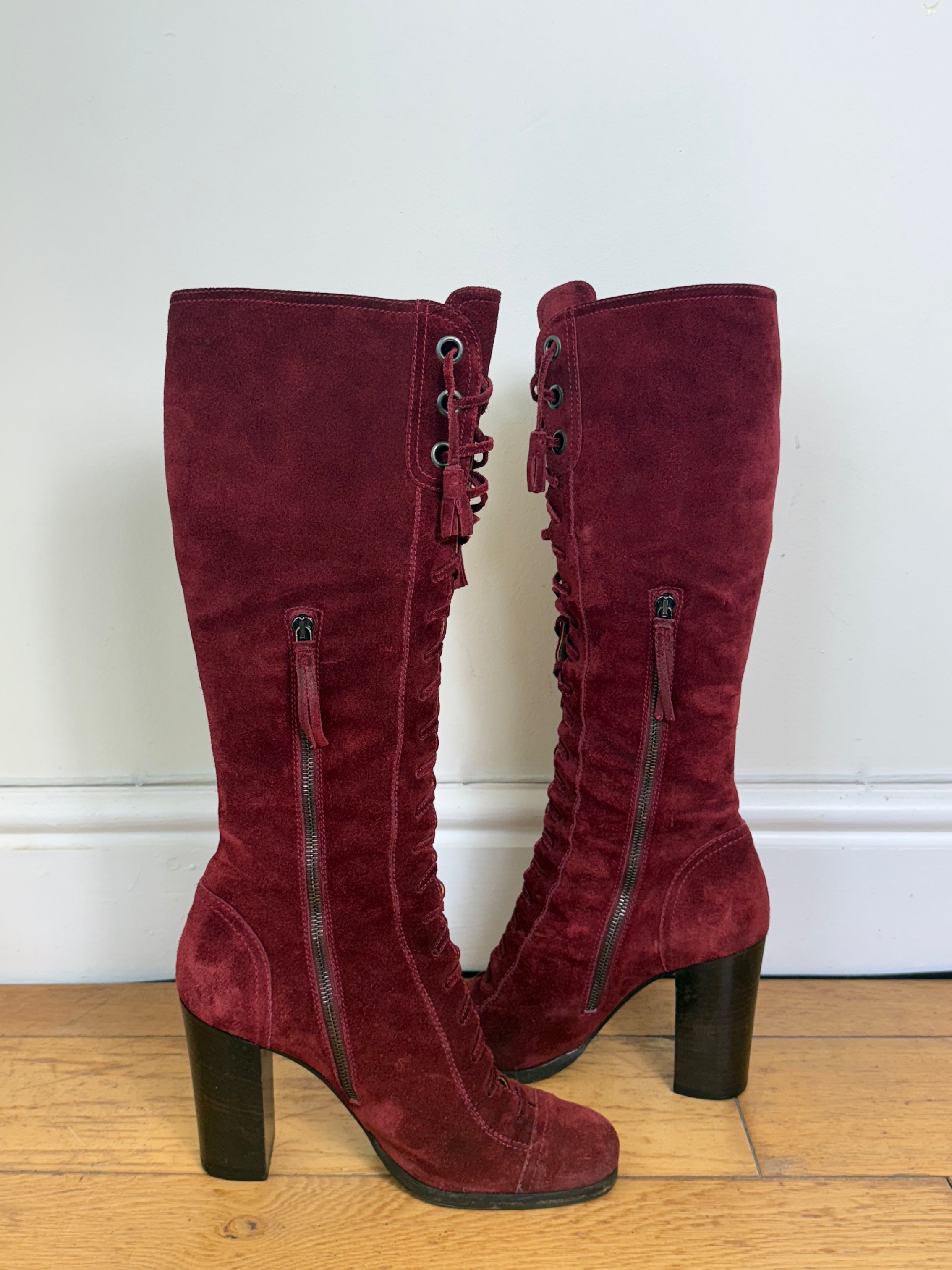 Miu Miu Rare 2001 Burgundy Suede Lace Up Heeled Boots
