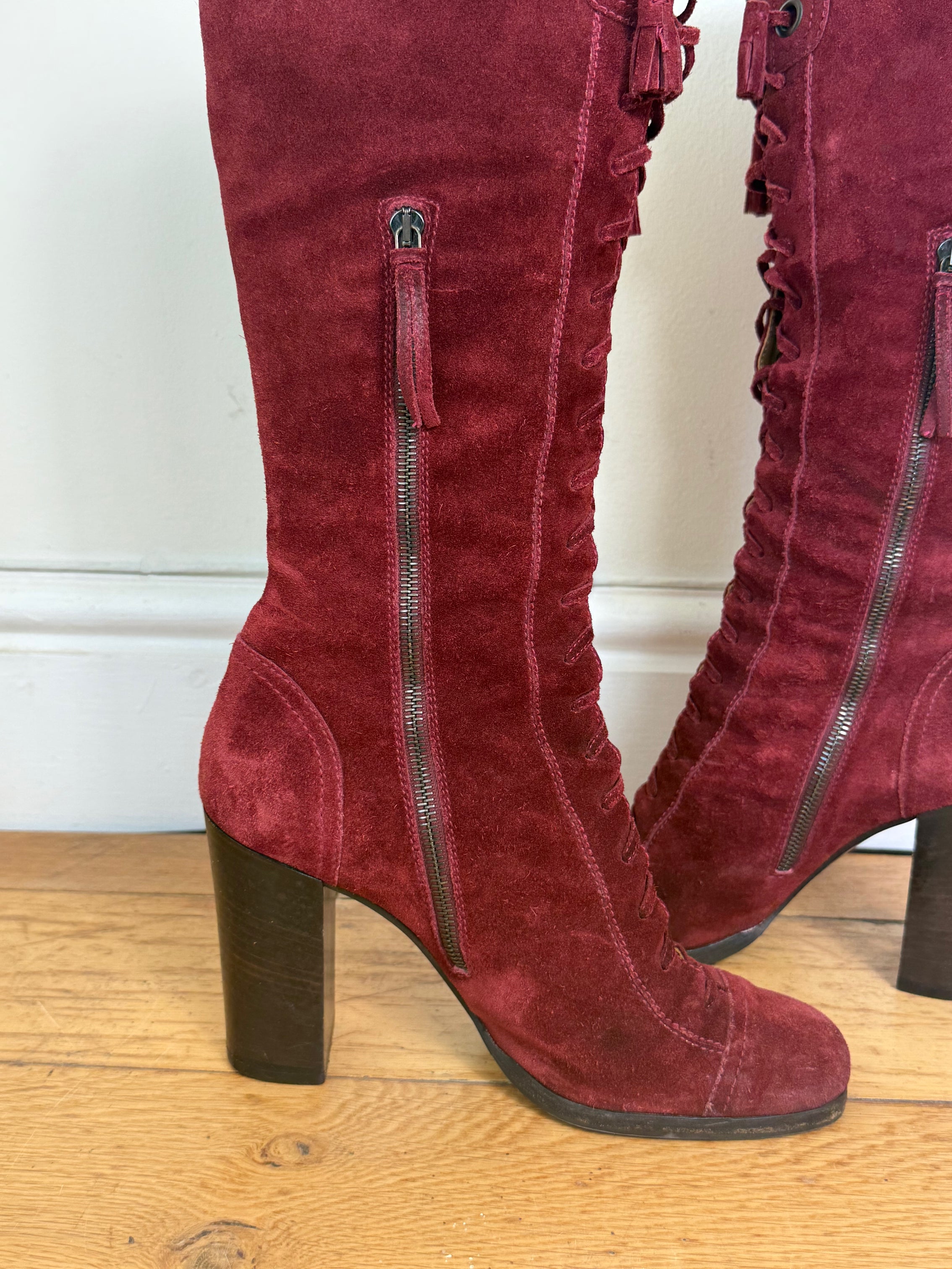 Miu Miu Rare 2001 Burgundy Suede Lace Up Heeled Boots