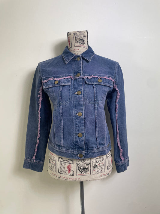 Plein Sud Jeans Denim Jacket with Purple Fringe Trim