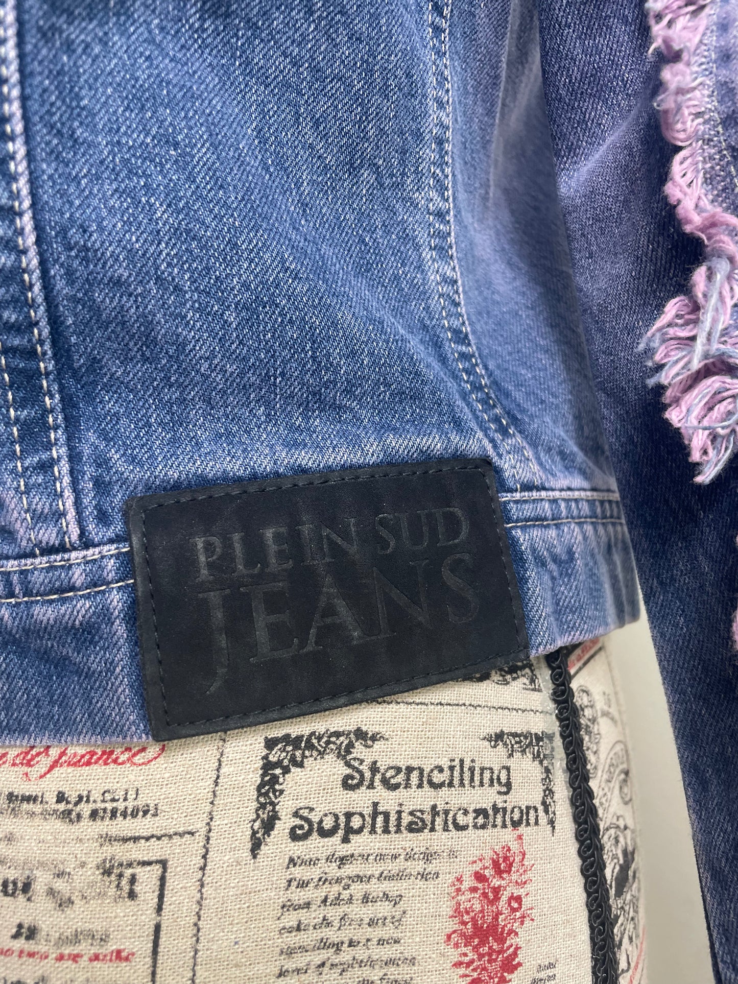 Plein Sud Jeans Denim Jacket with Purple Fringe Trim