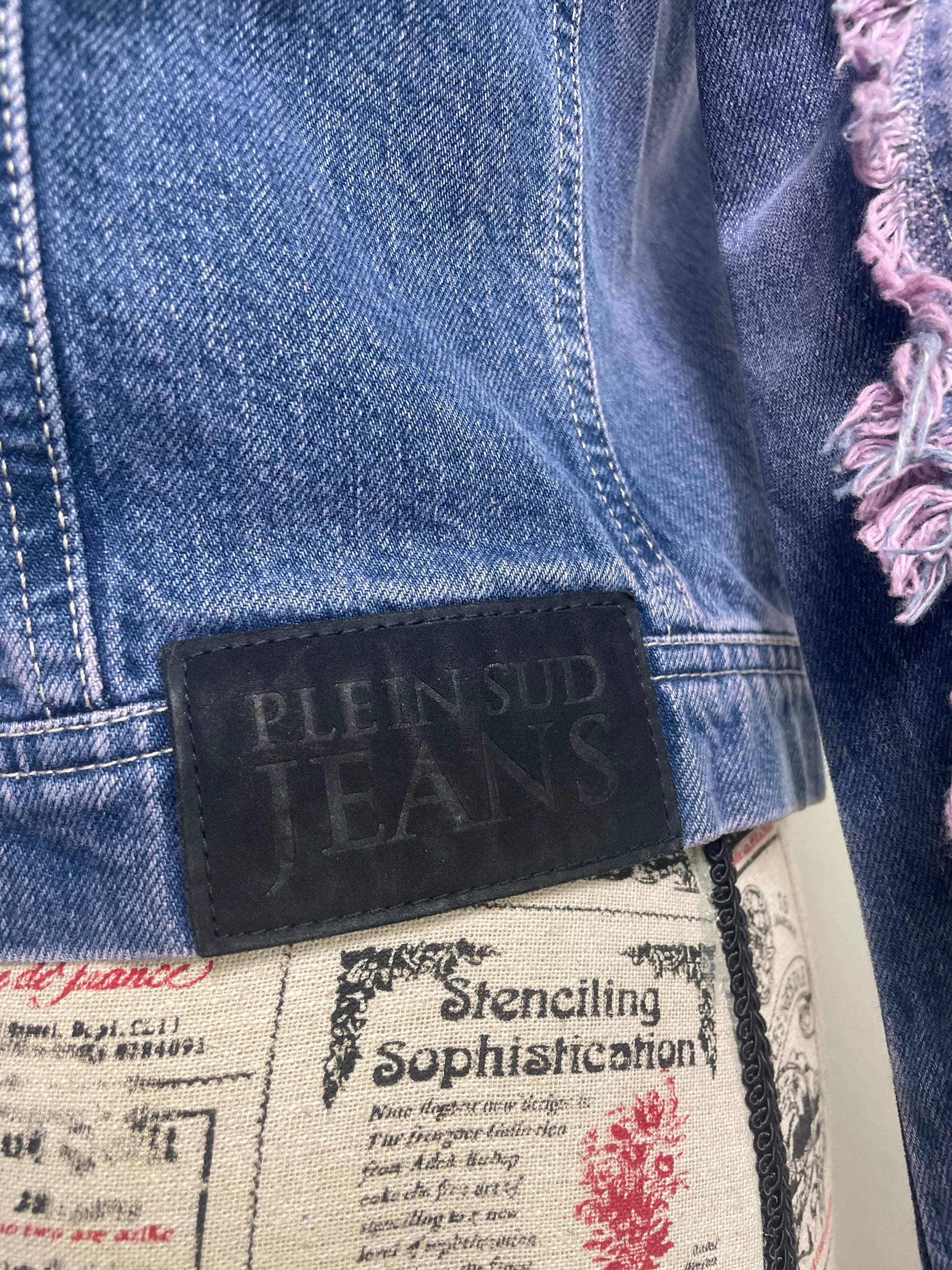 Plein Sud Jeans Denim Jacket with Purple Fringe Trim