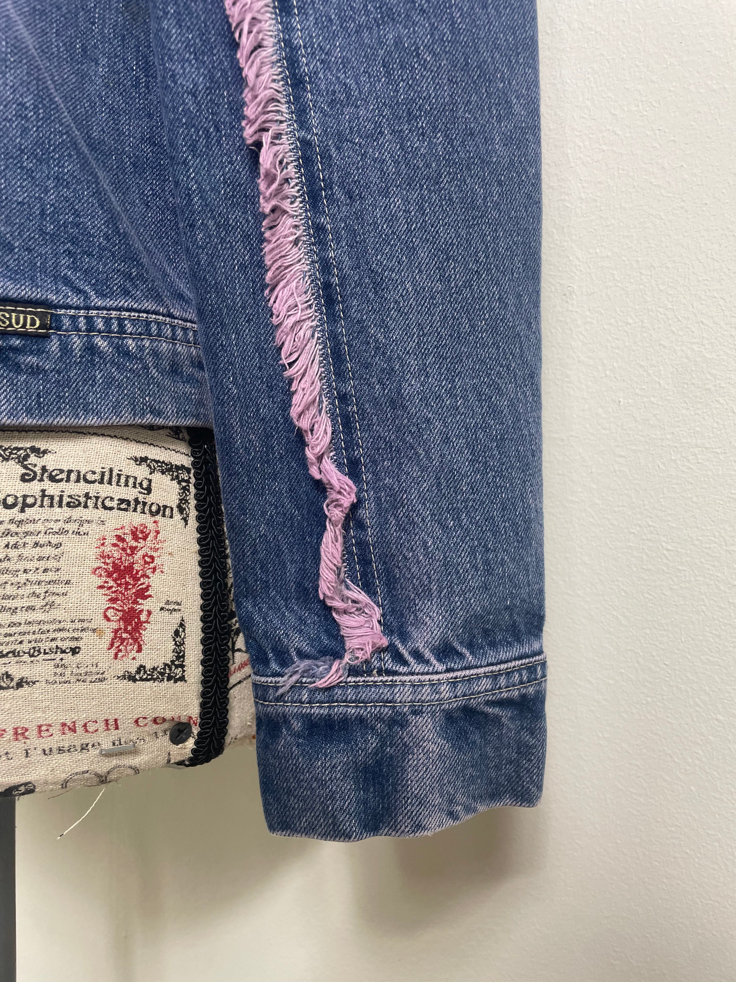 Plein Sud Jeans Denim Jacket with Purple Fringe Trim