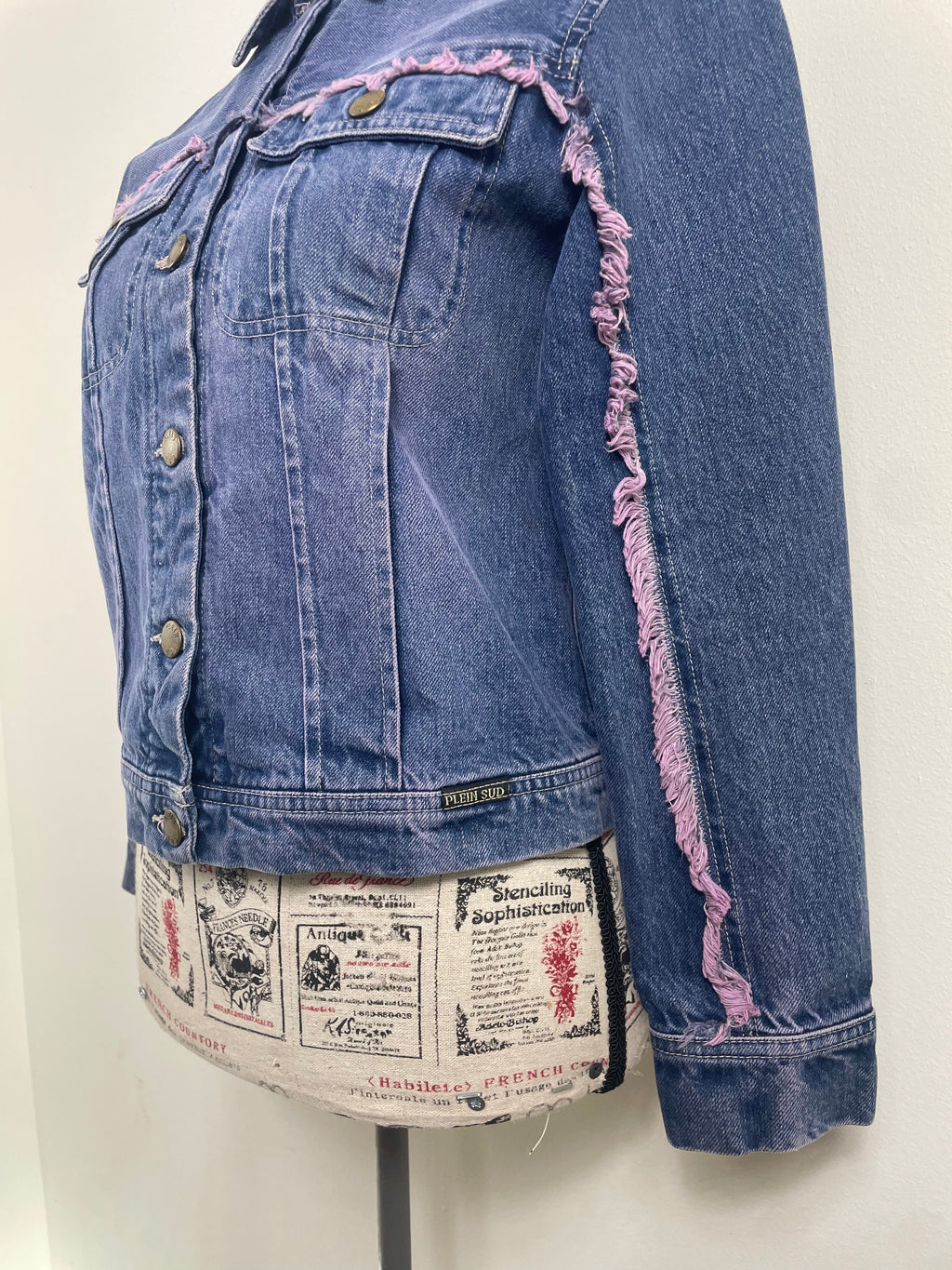 Plein Sud Jeans Denim Jacket with Purple Fringe Trim