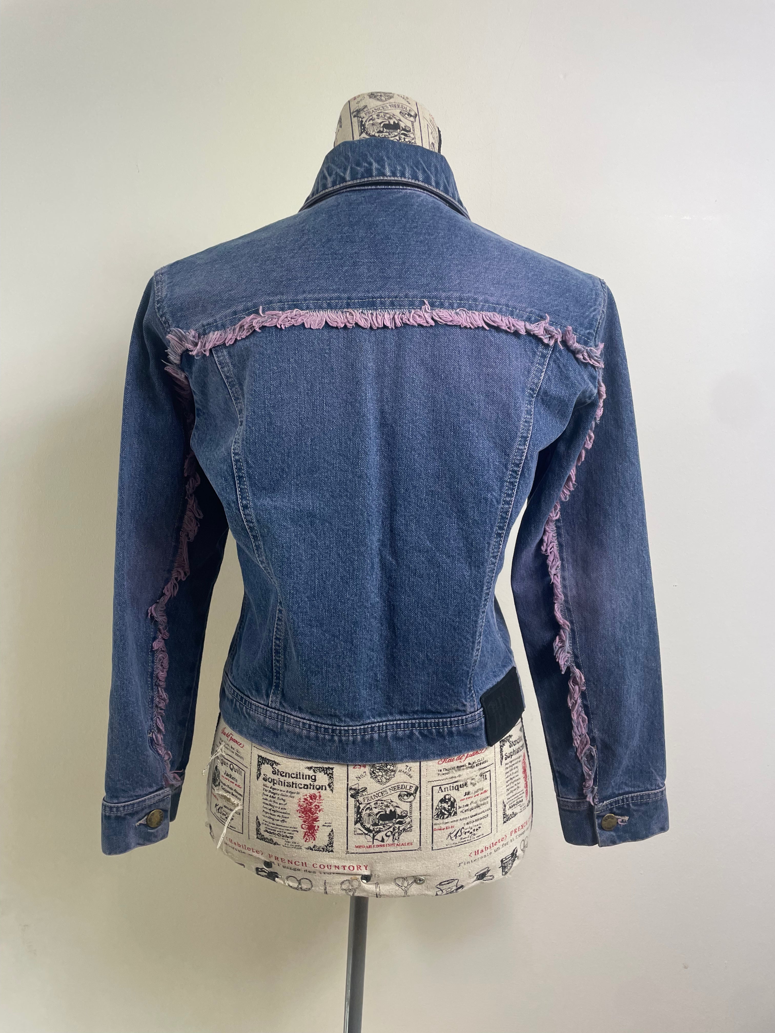 Plein Sud Jeans Denim Jacket with Purple Fringe Trim
