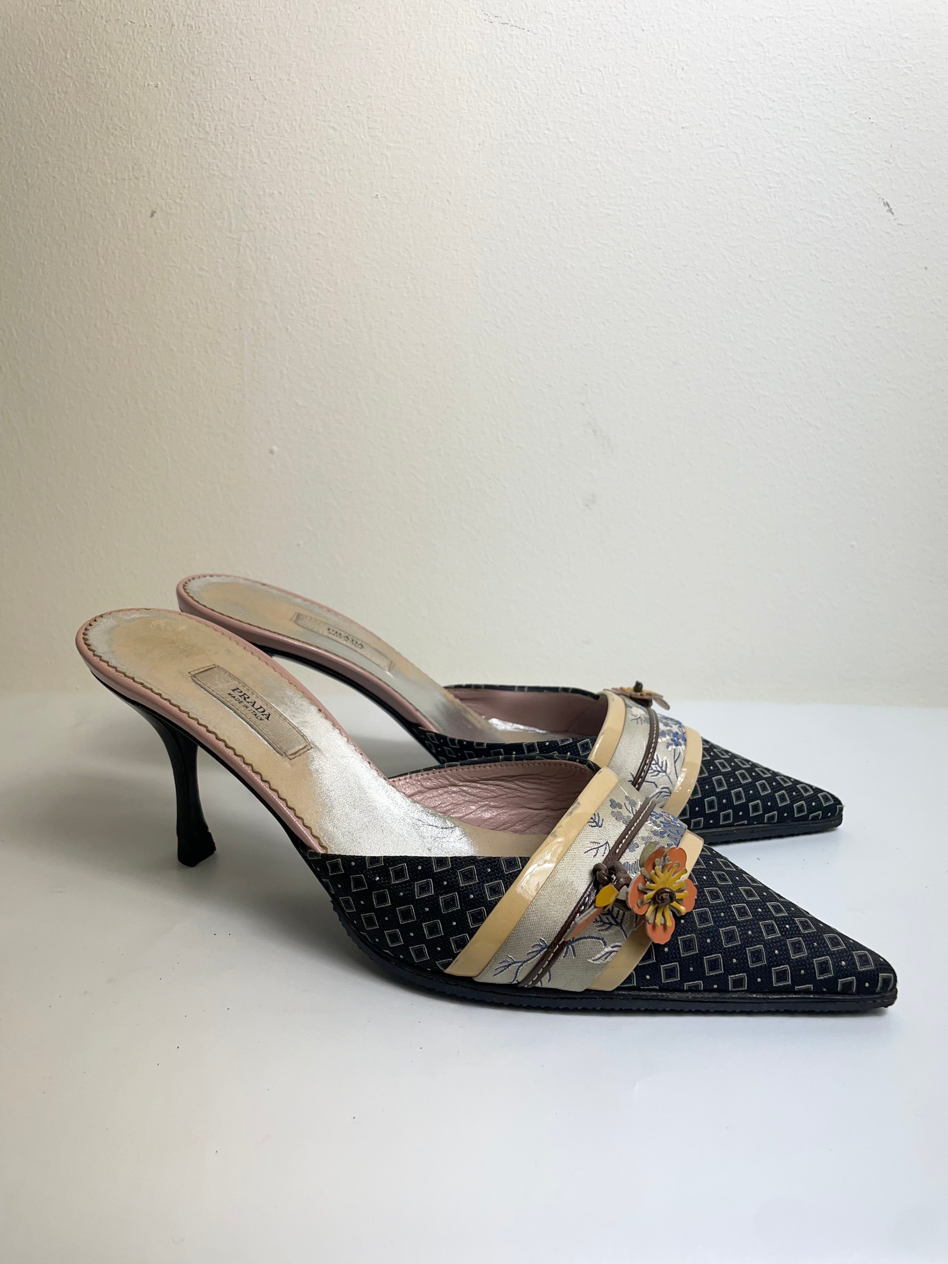 Prada Oriental Vintage Kitten Heel Mules