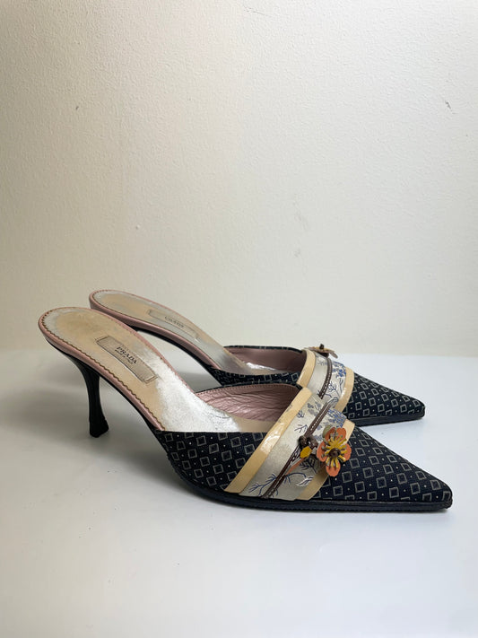 Prada Oriental Vintage Kitten Heel Mules