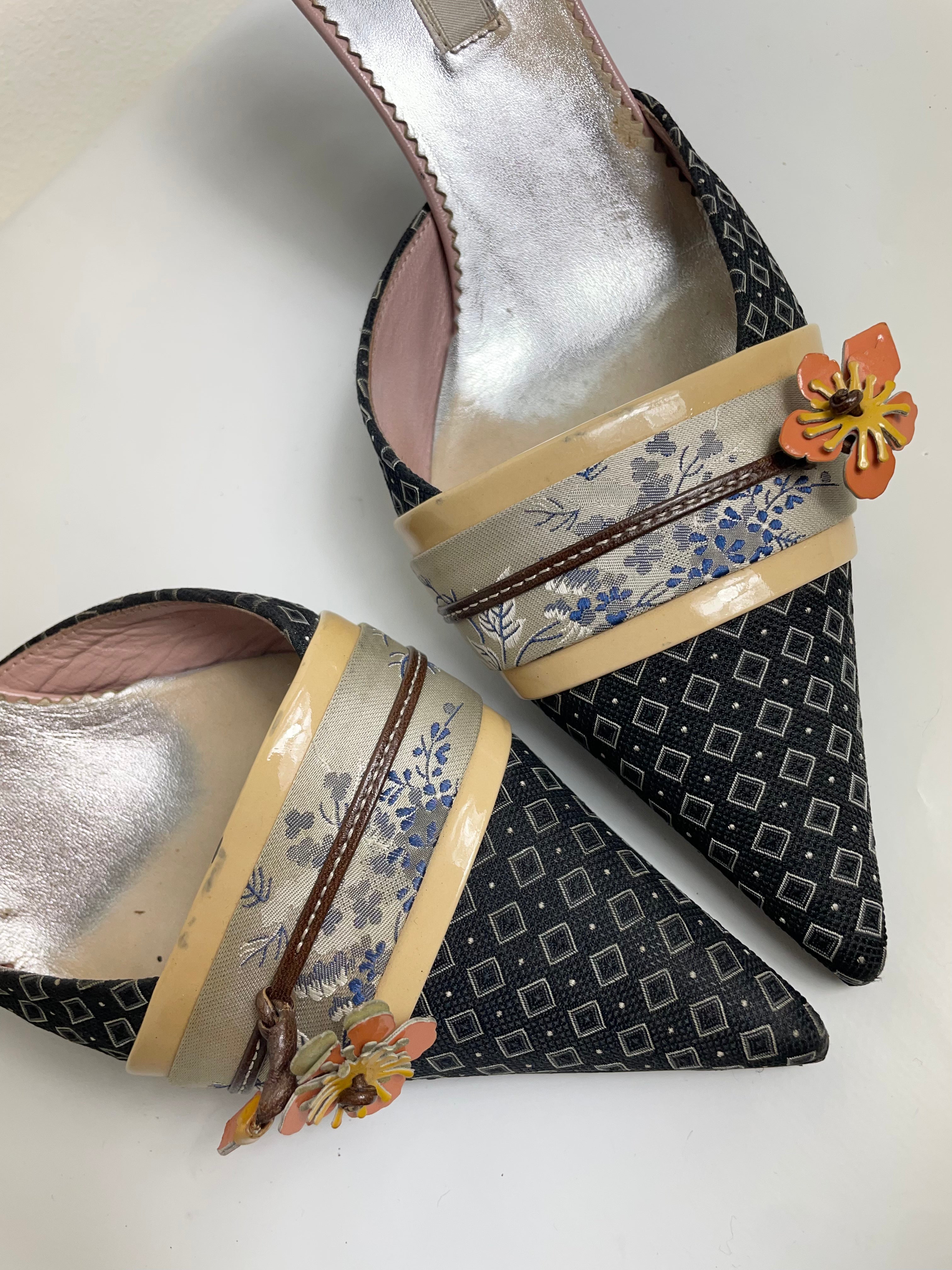 Prada Oriental Vintage Kitten Heel Mules