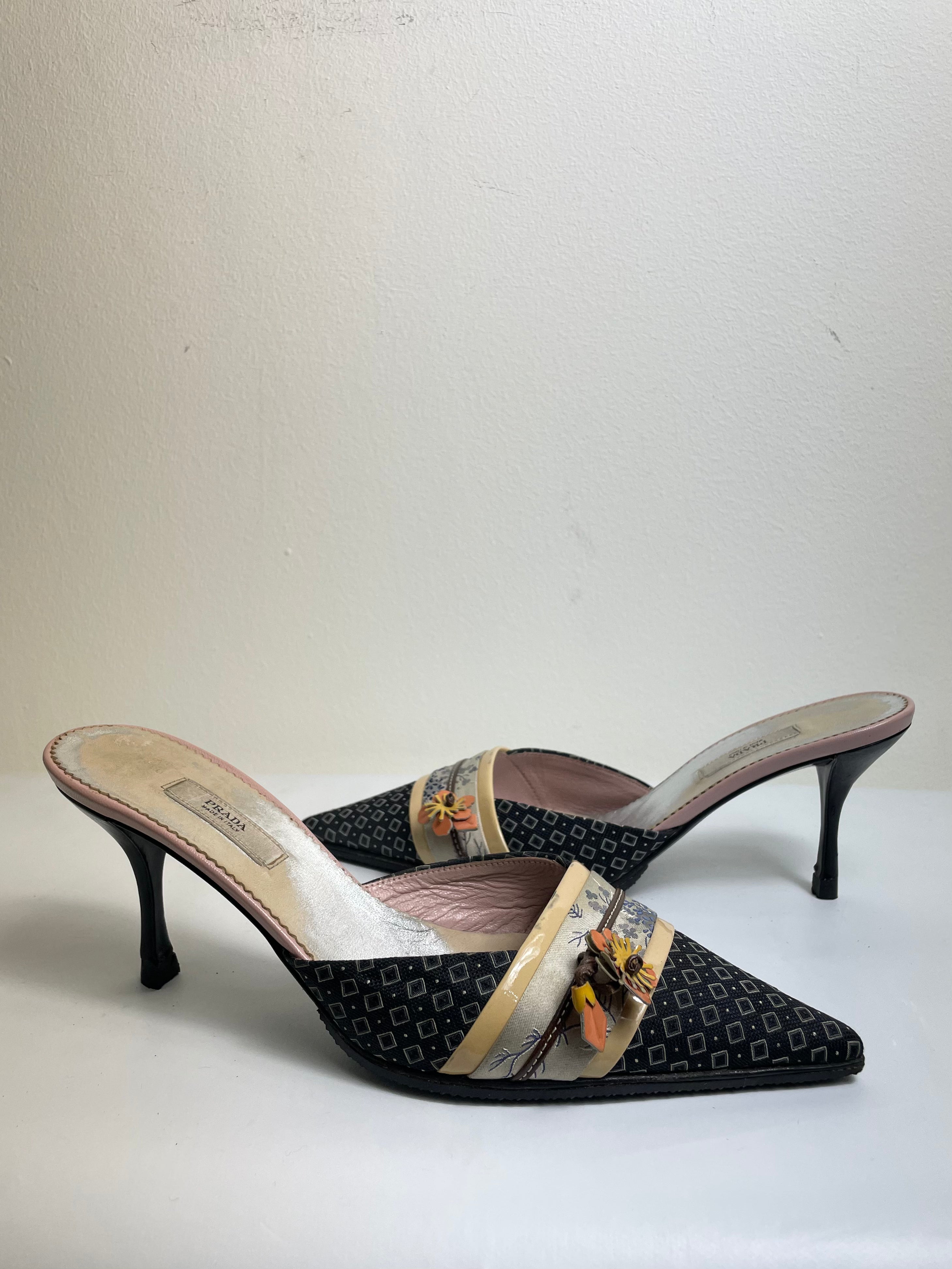 Prada Oriental Vintage Kitten Heel Mules