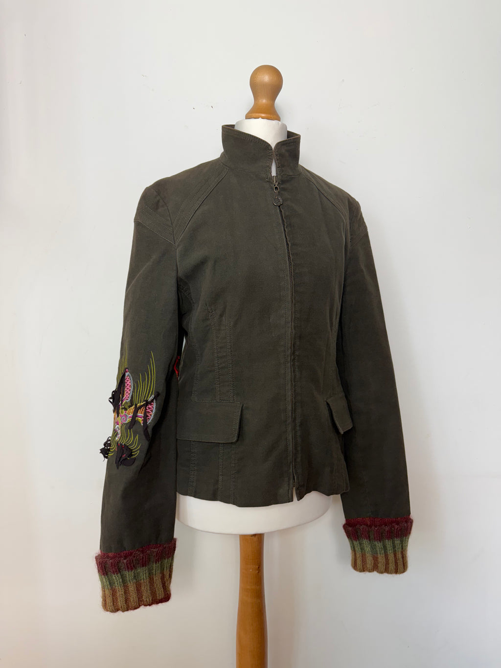 Roberto Cavalli Class Vintage Embroidered Khaki Zip-Up Jacket