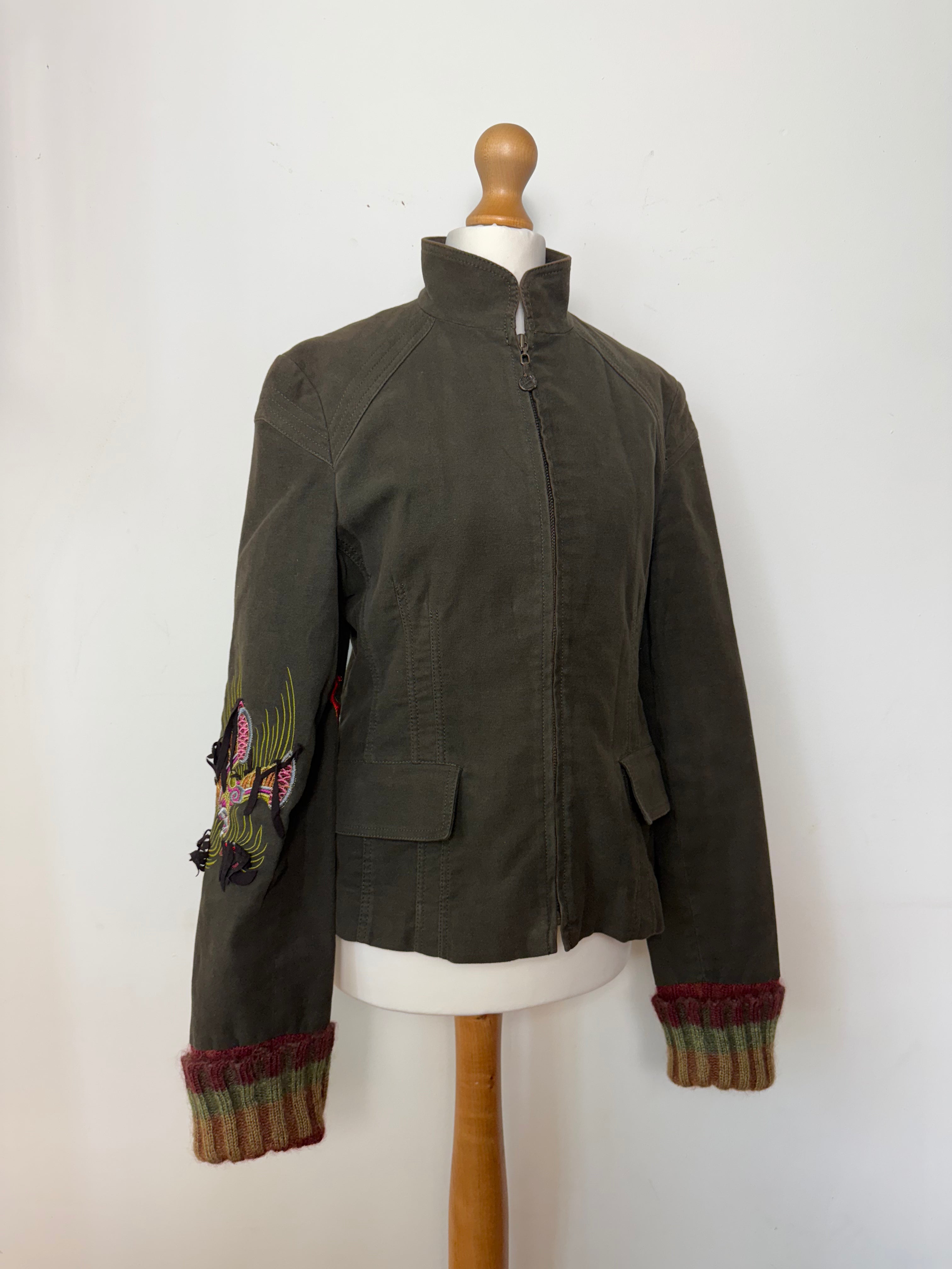 Roberto Cavalli Class Vintage Embroidered Khaki Zip-Up Jacket