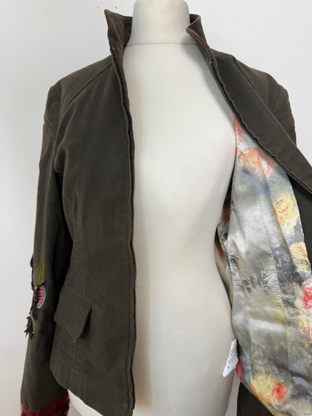 Roberto Cavalli Class Vintage Embroidered Khaki Zip-Up Jacket