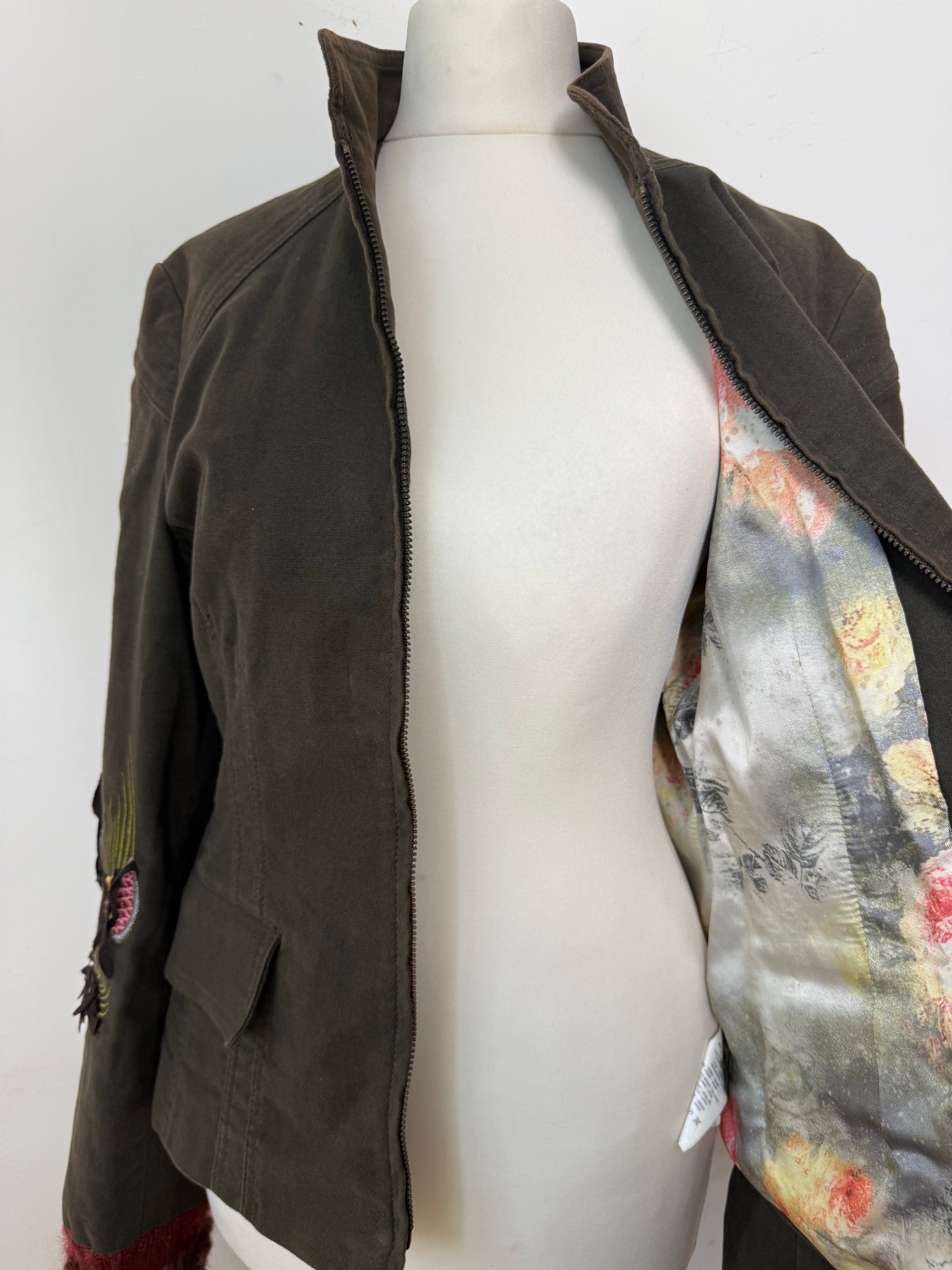 Roberto Cavalli Class Vintage Embroidered Khaki Zip-Up Jacket