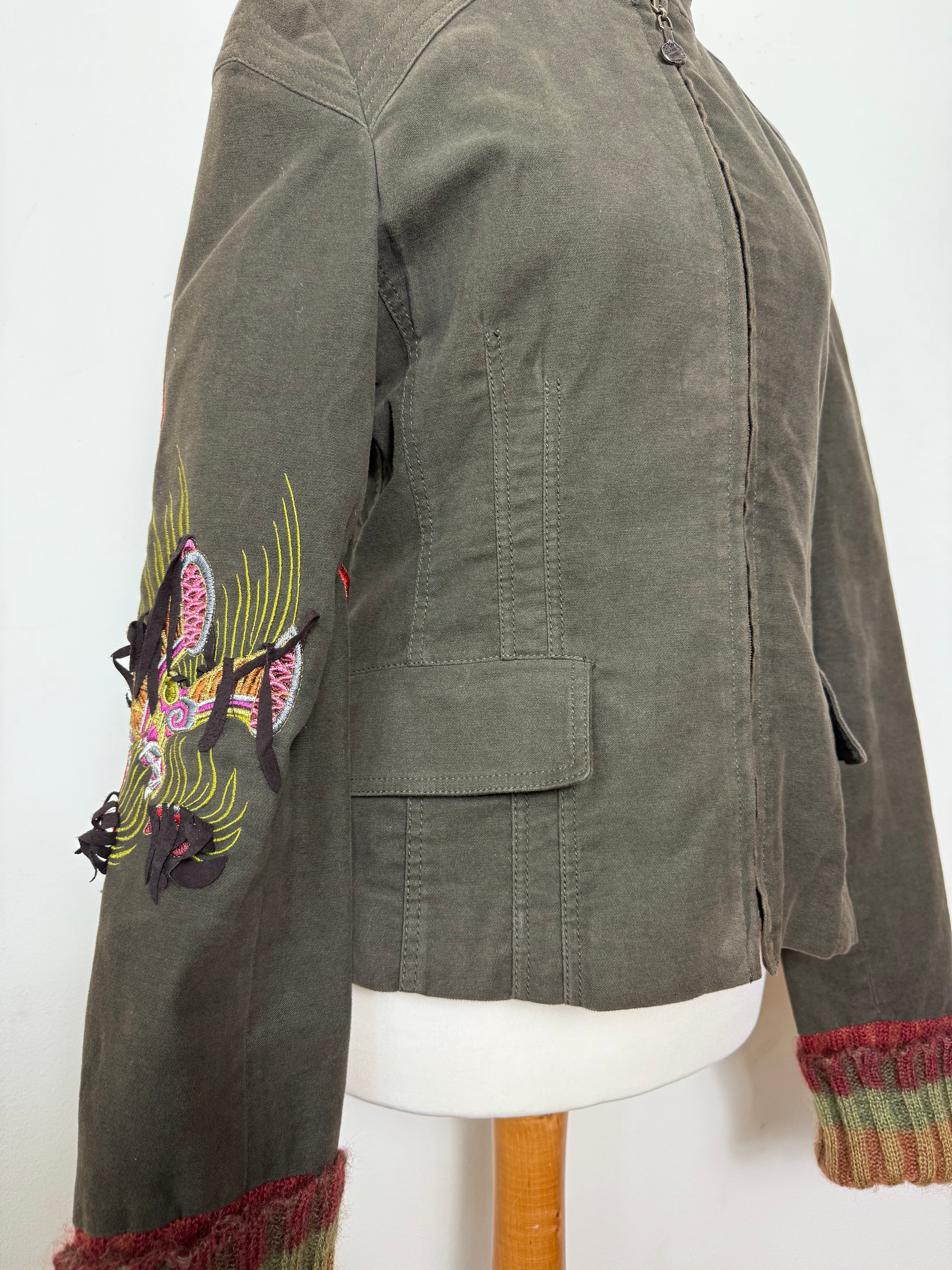 Roberto Cavalli Class Vintage Embroidered Khaki Zip-Up Jacket