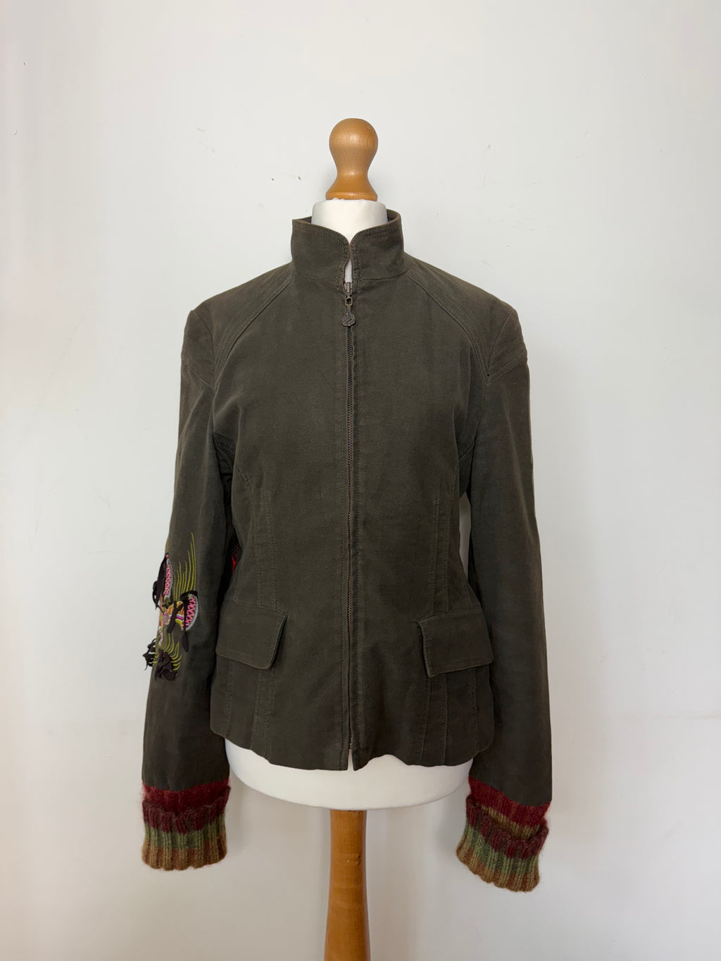 Roberto Cavalli Class Vintage Embroidered Khaki Zip-Up Jacket